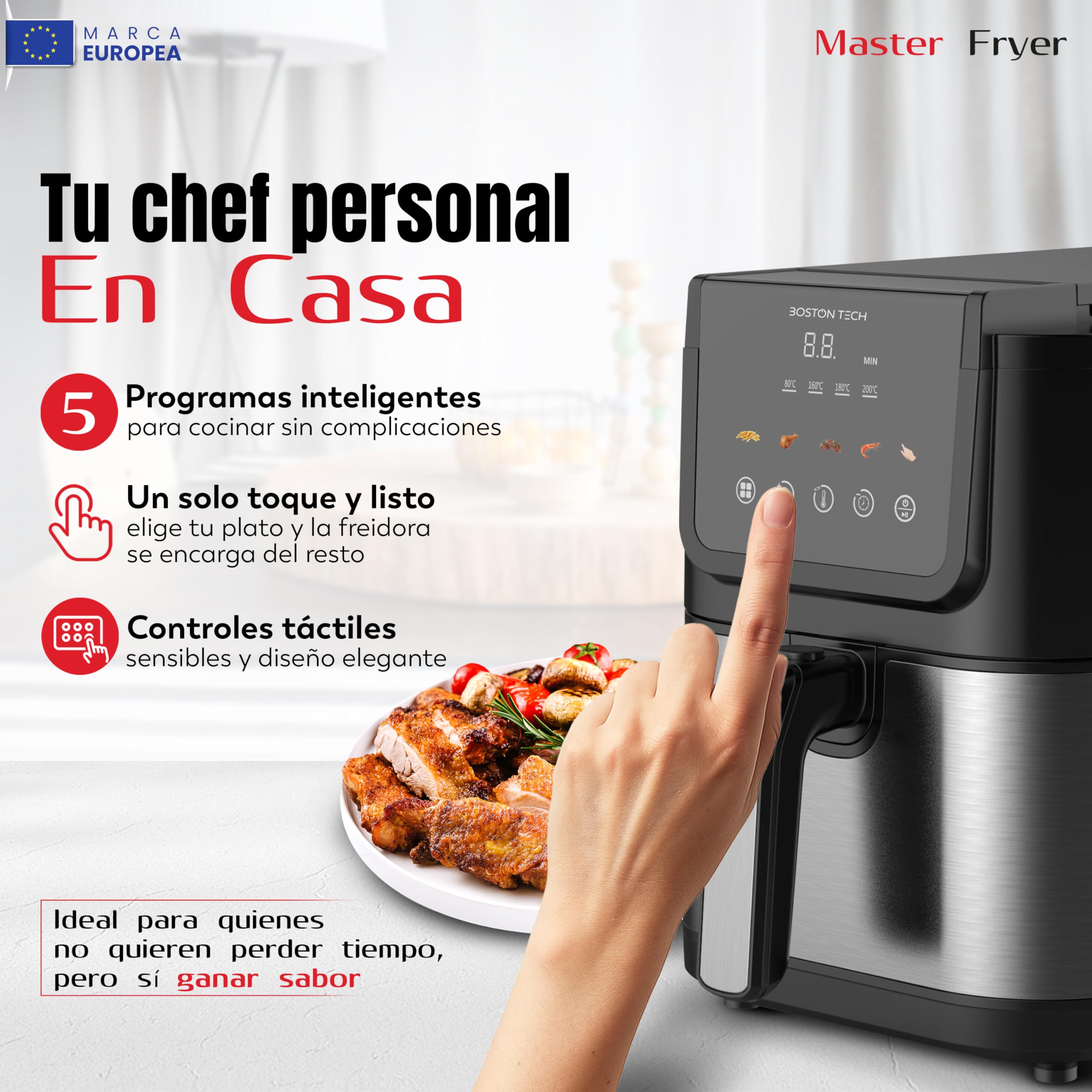 Boston Tech Freidora de Aire Master Fryer 5L, 1500W, 5 Programas, Pantalla LED, Control Táctil, Temperatura Ajustable, Cesta Antiadherente, Temporizador, Incluye Recetario, Acero Inoxidable