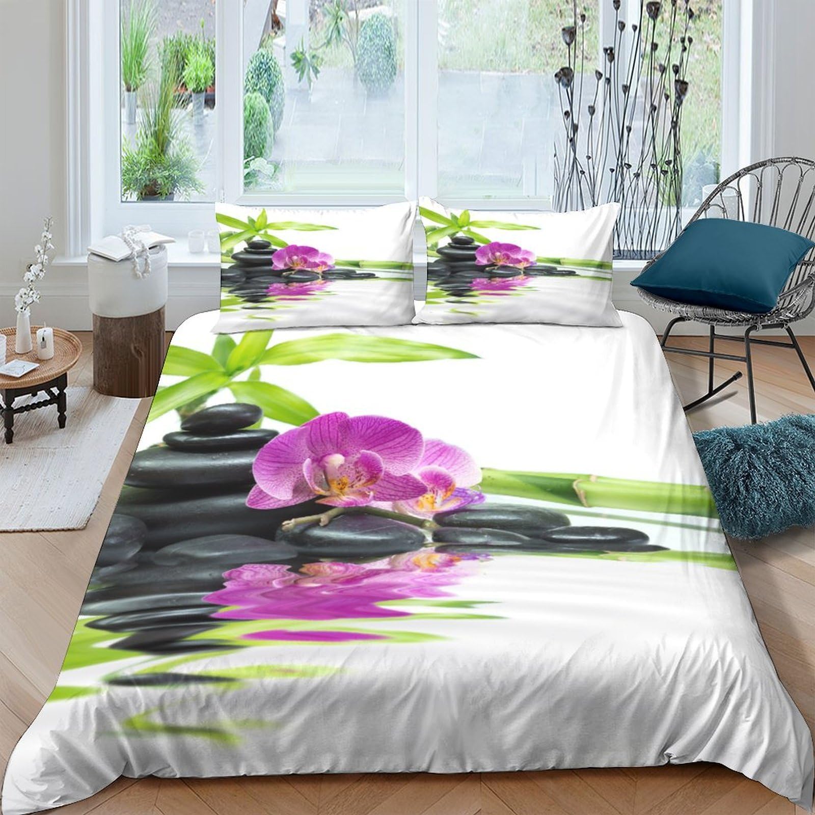 Ctjqhvkz Style-9 3D Printed Zen Orchid Fitted Sheet Microfiber Soft Breathable Bamboo Stone Mattress Cover Bedroom Decor Easy Care Single（135X200cm）