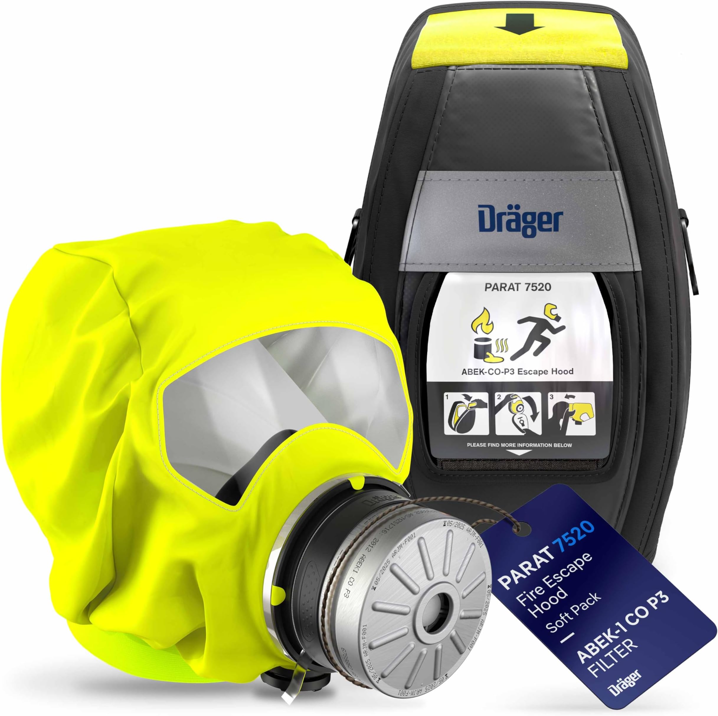 Dräger PARAT 7520 Fire Escape Hood with ABEK CO P3 Filter against Smoke, Vapour & Gas | Mask Emergency Escape Respirator