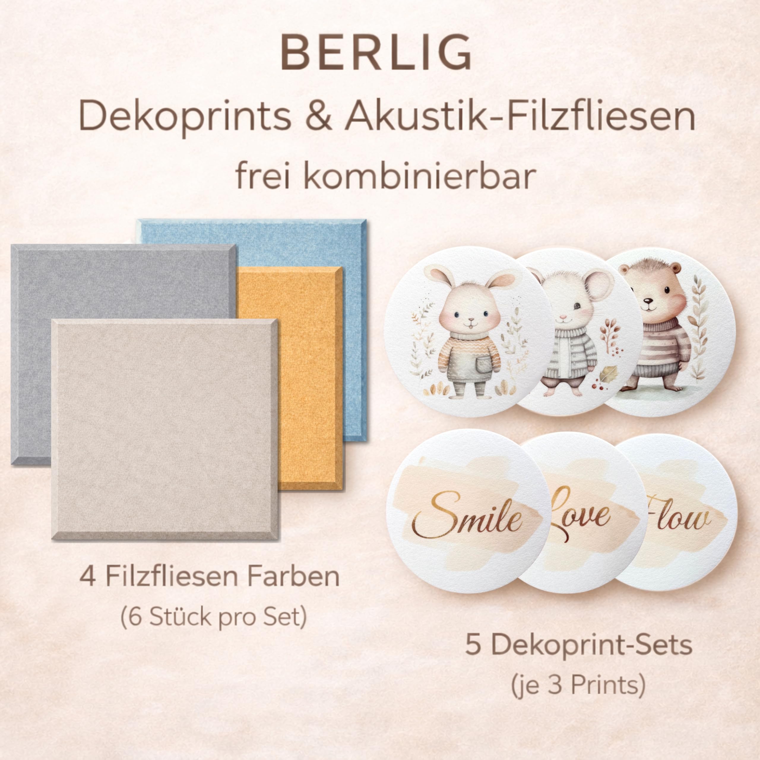 BERLIG Runde Filz Dekoprints Ø 33 cm – Selbstklebende Filzbilder Wanddeko – 3er Set – Runde Filz Wandbilder für Kinderzimmer, Wohnräume & kreative Wandgestaltung (Baby Fellnasen)