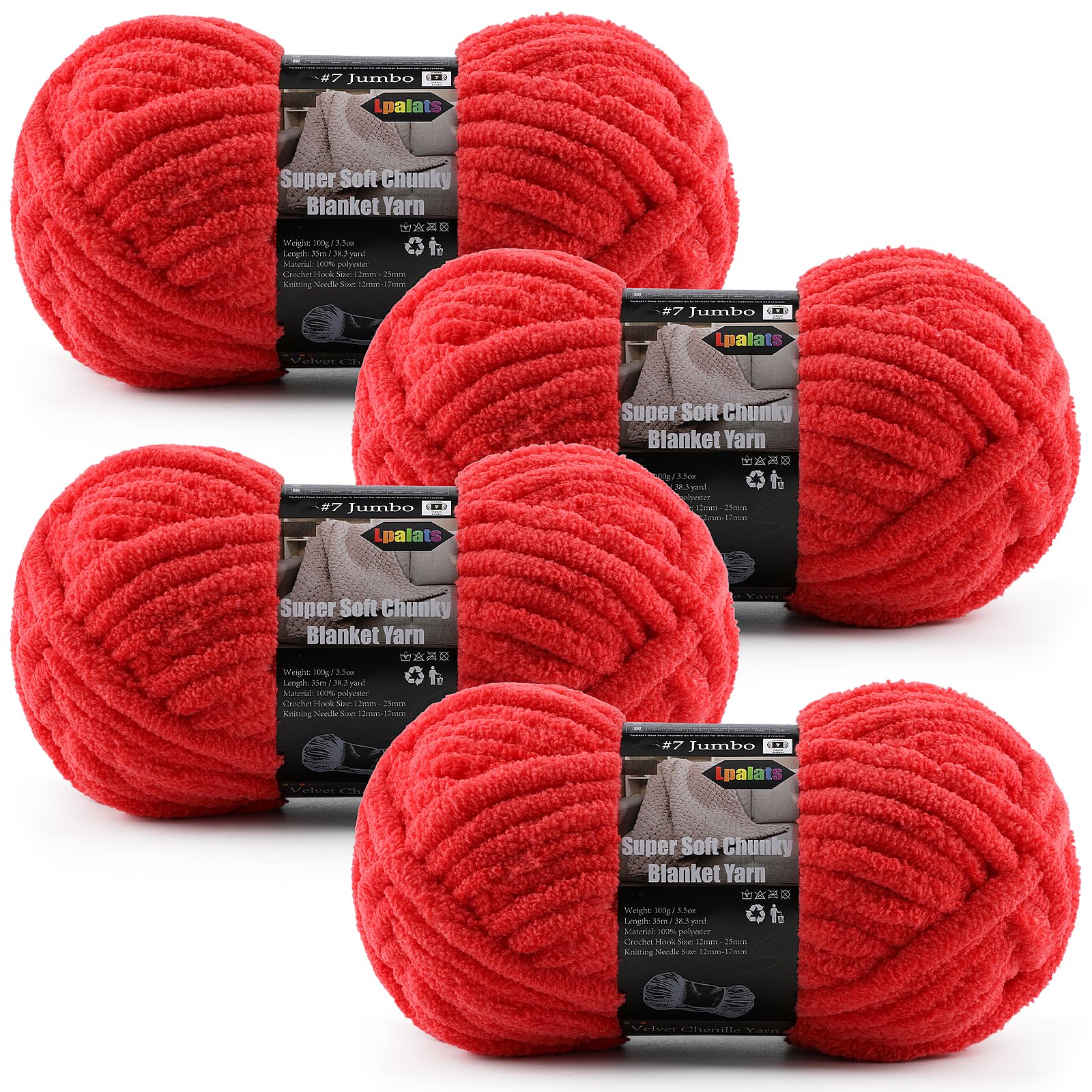 4-Pack Chunky Yarn for Crocheting Blankets &amp; Big Projects - 14oz/152.8yd Total, Ultra Soft &amp; Bulky Chenille Yarn, Perfect for Blankets, Amigurumi, Red