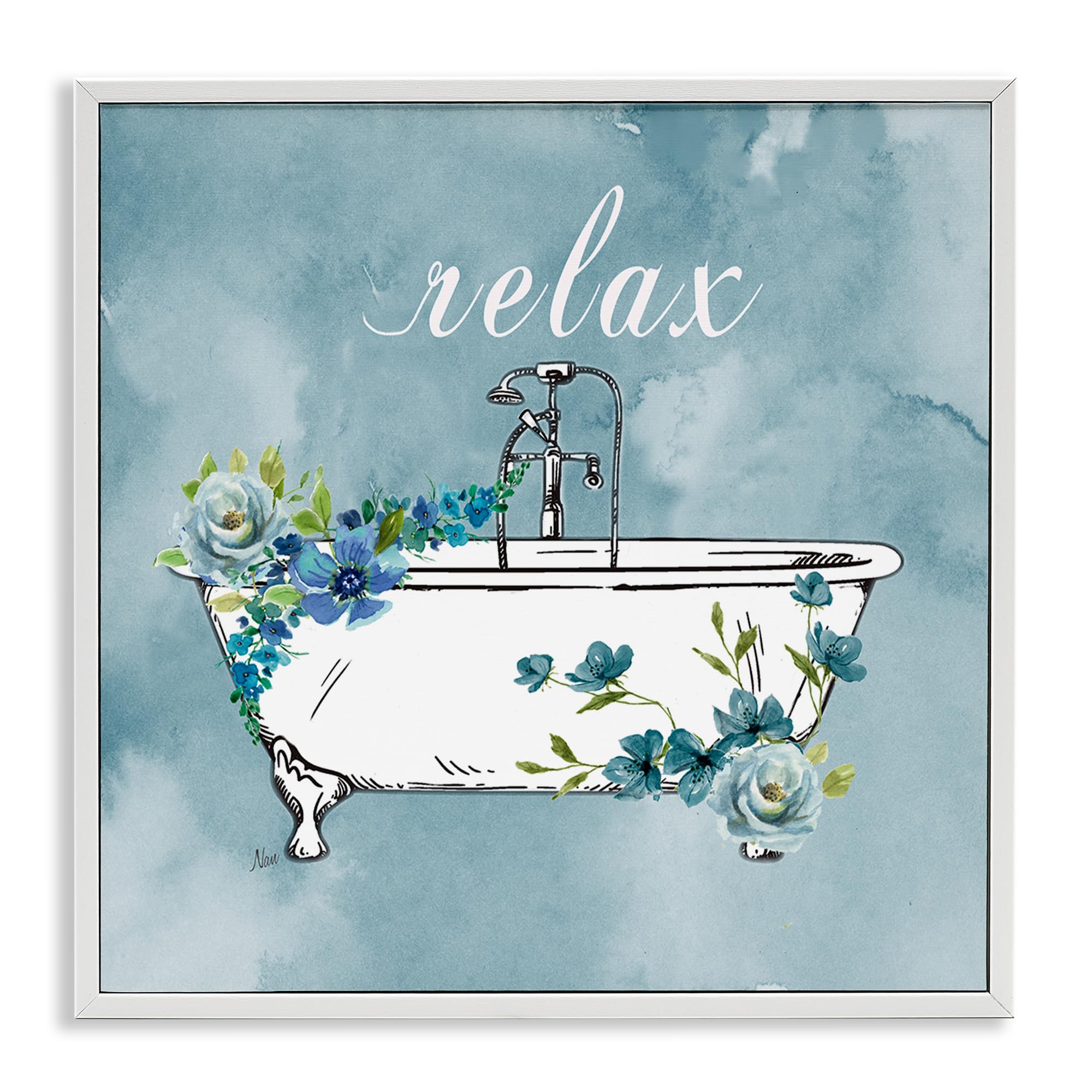 Stupell Industries Relax Floral Bathtub Serenity 'Floral Bathroom Rules Relax', Framed Giclee Art, White, 12 X 12 Inches, Easy To Hang And Sturdy, Made In Usa, By Nan