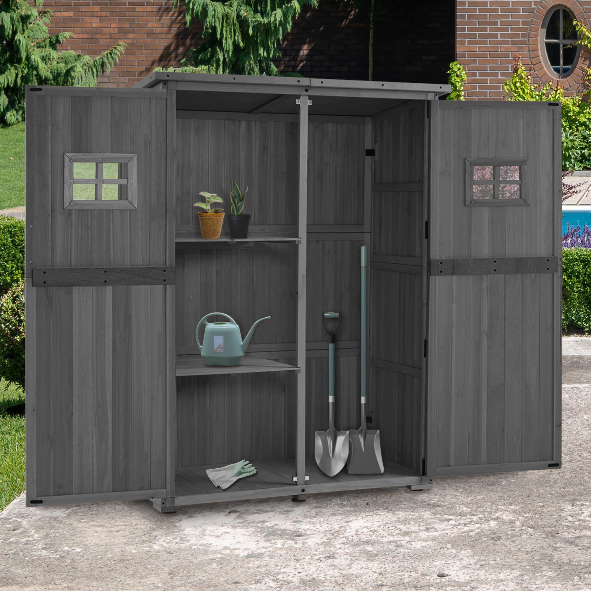 M MCombo armadio da giardino in legno, casetta da giardino piccola resistente alle intemperie, casetta per attrezzi da esterno, per area esterna balcone terrazza, 59×127×168 cm, 0912 (Grigio)