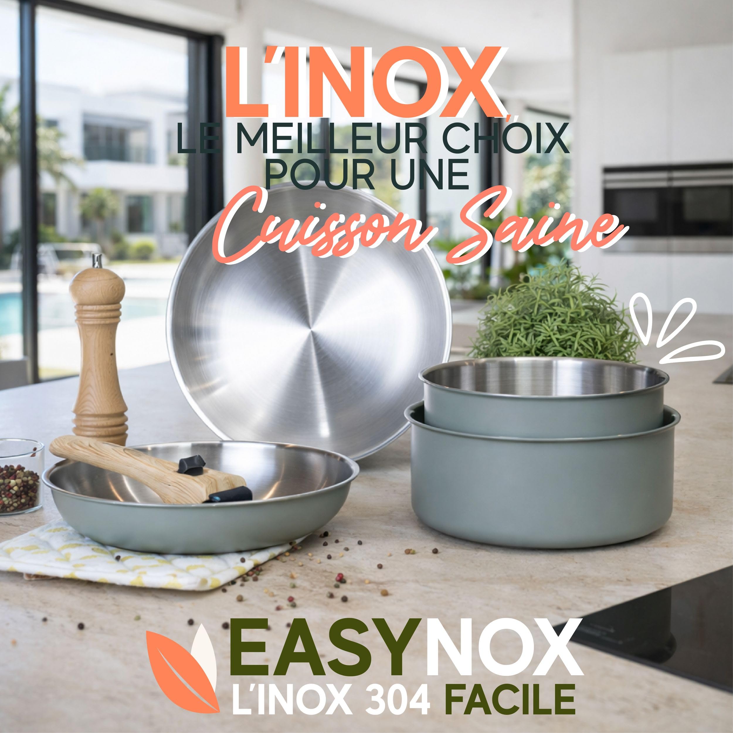 MENASTYL - Batterie de cuisine amovible en inox 18/10 induction 5 pièces Easynox - Acier inoxydable sans accroche - Sans PFAS, sans PTFE - Tous feux dont induction et lave-vaisselle - Brume - 6021015