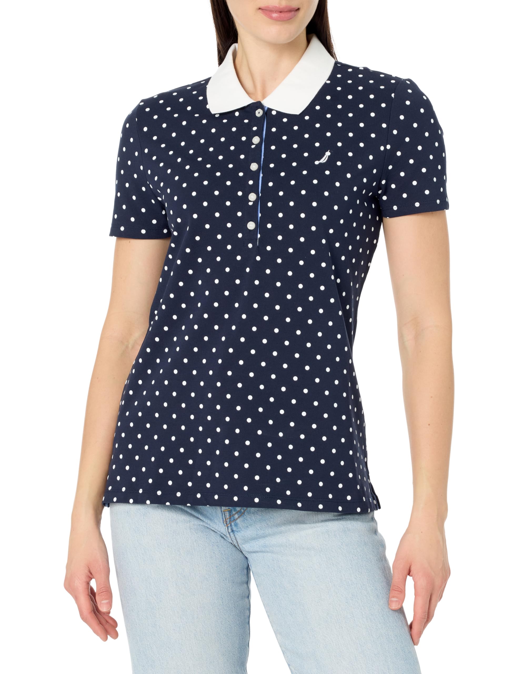 Nautica Women's Poka Dot White/Night Sky Short Sleeve Button Placket Polo, Night Sky/Bright White, Xl