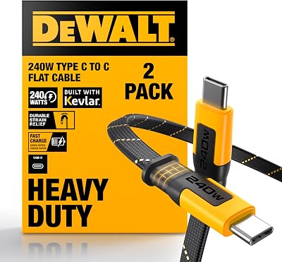 DEWALT Heavy Duty USB C to USB C Fast Charging Cables w/Kevlar Flat 240W USBC to USBC Charge Cables High Speed Type C Charging for iPhone 17,18,16,15 Series, Samsung Galaxy, MacBook, Pixel, 2-Pack 6FT
