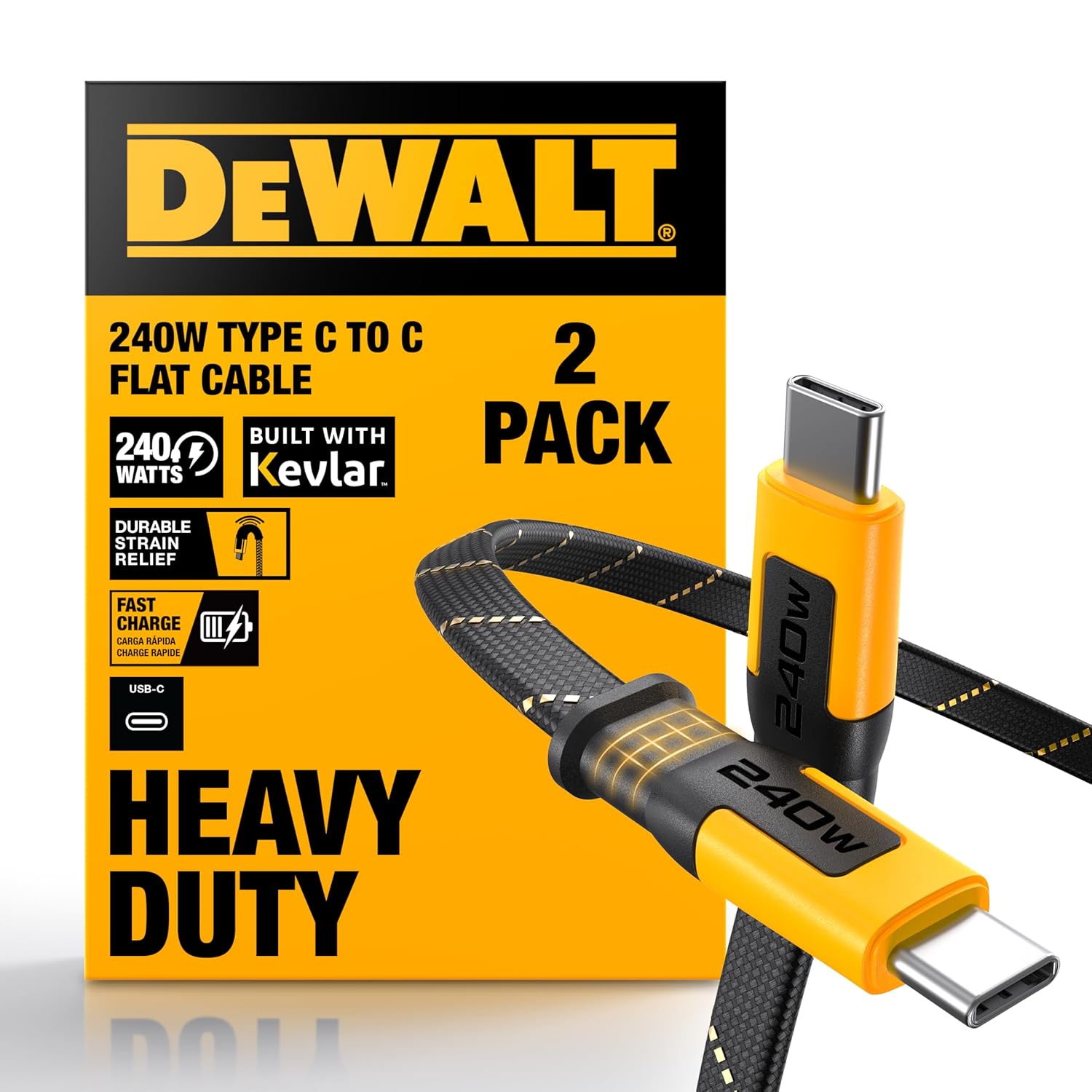 DEWALT Heavy Duty USB C to USB C Fast Charging Cables w/Kevlar, Flat 240W USBC to USBC Charge Cables, High Speed Type C Charging for iPhone 17 16 15 Series, Samsung Galaxy, MacBook, Pixel, 2-Pack 4FT