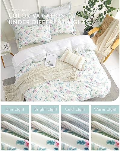 Miniatura 6 de Elegante funda de edredón 100% algodón tamaño Queen - Flores rosas en pétalos y ramas de salvia sobre blanco suave, con tiras finas en la parte