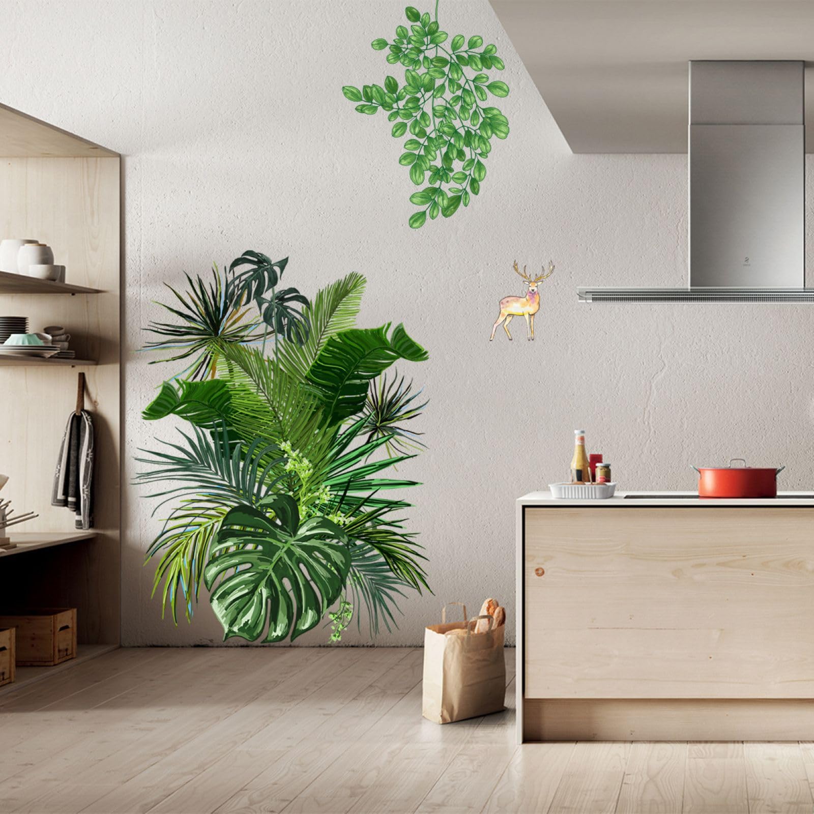 FUFUQUARE Large Tropical Palm Leaves Wall Stickers, Green Leaf Plants Deer Wall Decal - Image 4