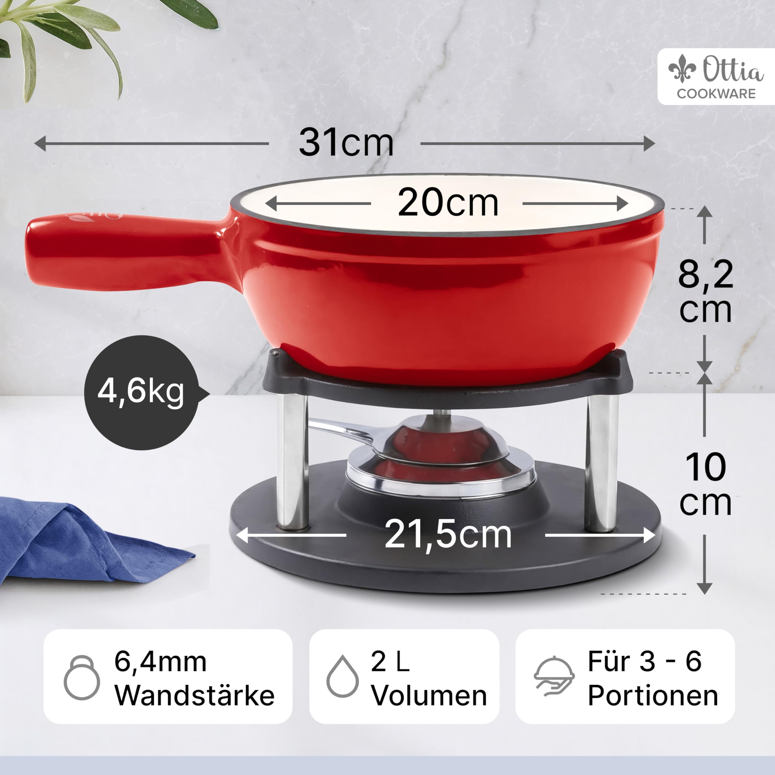 Ottia Fondue Set für 2, 3, 4, 5, 6 Personen aus Gusseisen & Emaille. Als Käsefondue, Fleischfondue, Schokofondue. Induktion geeignet, Schadstofffrei, mit Brenner+Gabeln+Rezeptbuch, Fondü-Set aus HH