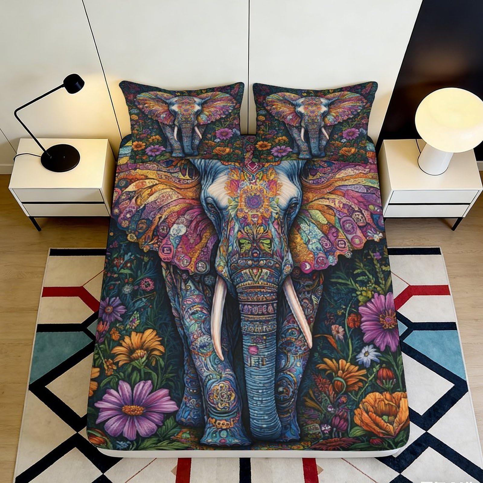 Uxinyoume Style-5 3D Printed Colorful Elephant Fitted Sheet Microfiber Floral Artistic Bed Cover For Bedroom Guest Room Mattress Protection Decor 90X200x25cm