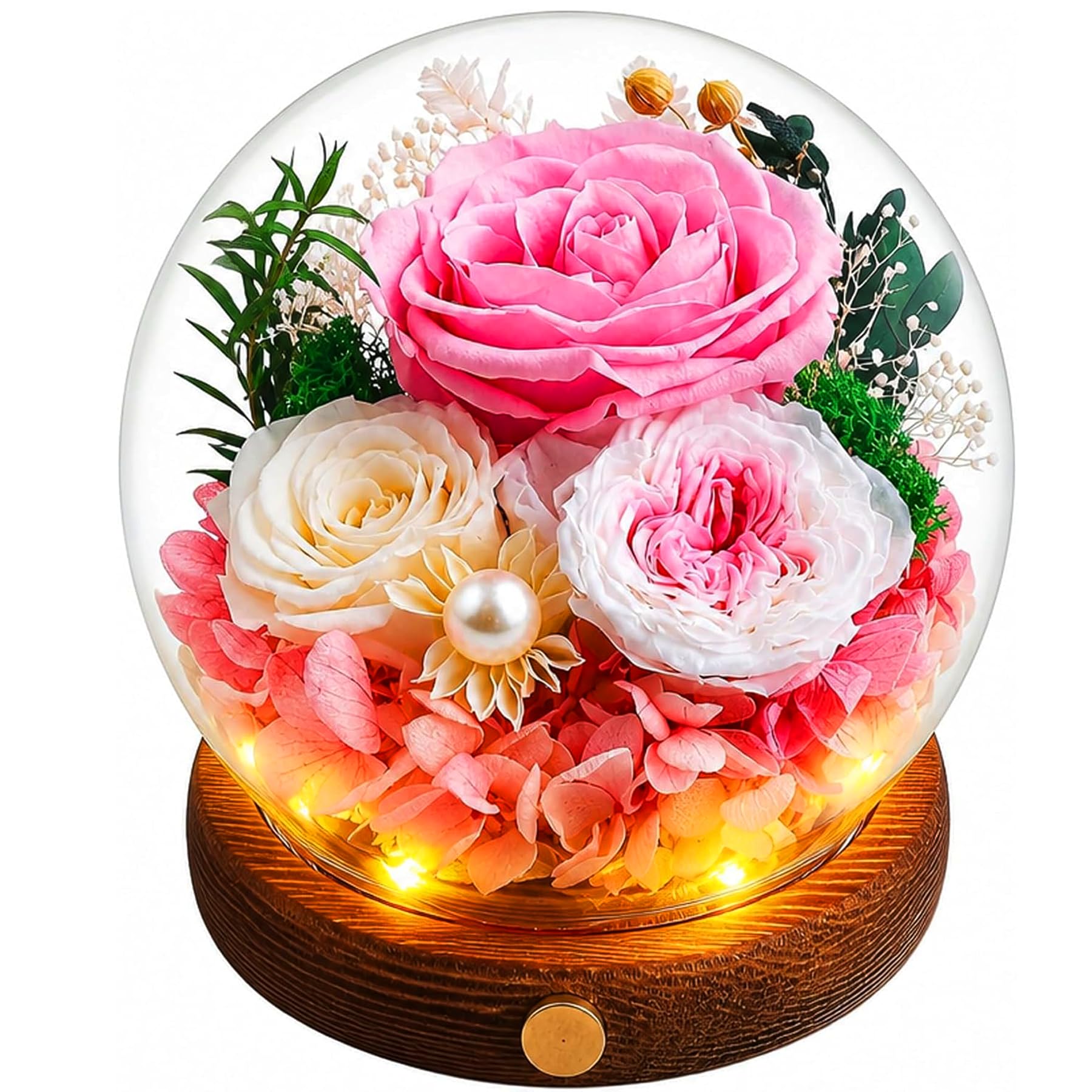 Elover Women's Pink Preserved Roses In Glass Dome With Led Light – Long Lasting Real Flowers,Forever Eternal Rose For Mother's Day,Valentine's Day,Birthday Gifts For ,Mum,Wife,Girlfriend (Pink)