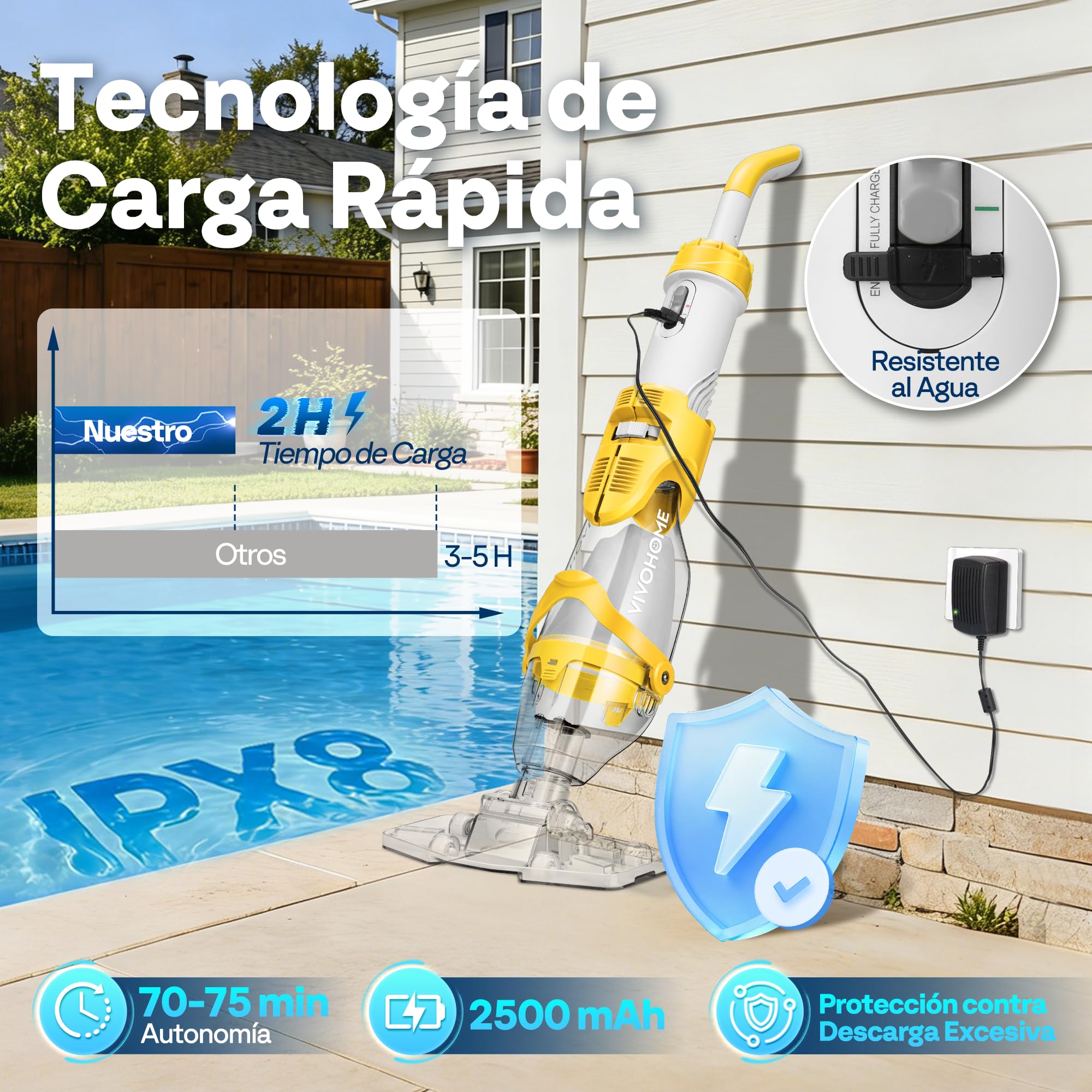 VIVOHOME 4300LPH Limpiafondos de Piscina con Indicador de Batería, Aspiradoras de Mano para Piscinas con Aluminio Extraíbles de 250cm para Jacuzzi, SPA, Piscina