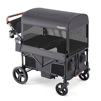 Harppa Remy Wagon Stroller for 4 Kids, Foldable 4-Seater Stroller Wagon with Mosquito Net Canopy,Snack Tray, All-Terrain 11.5" Wheels, 280Ibs Capacity for Zoo,Growing Family Outings Toddler Grey