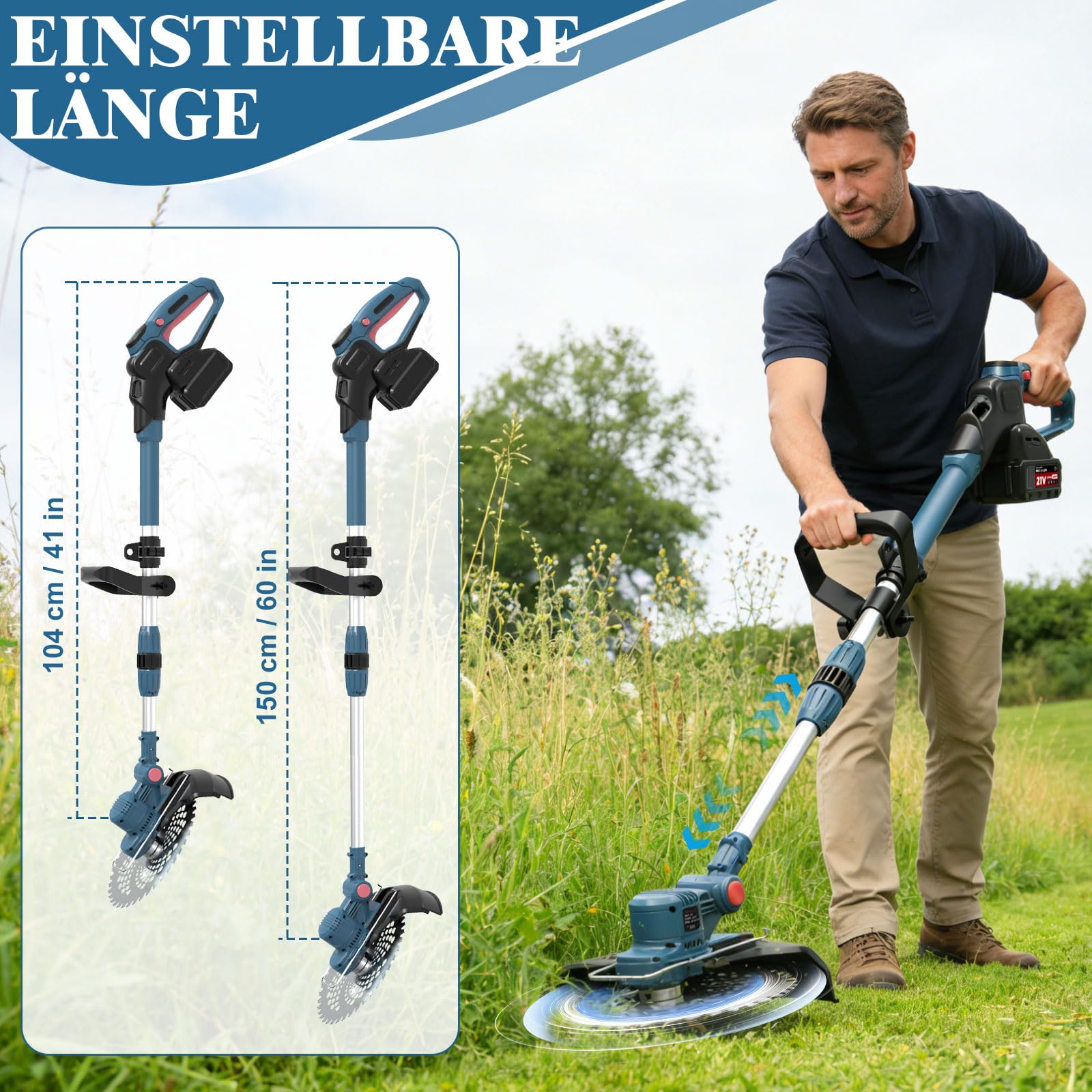 Rasentrimmer mit Akku, Akku Rasentrimmer für Makita-Akkus mit 5 Klingentypen, 21V Rasentrimmer mit Unkrautbürste, mit 2X4.0Ah Akku Freischneider, Tap&Go M10 x 1,25, für Garden Trimmen