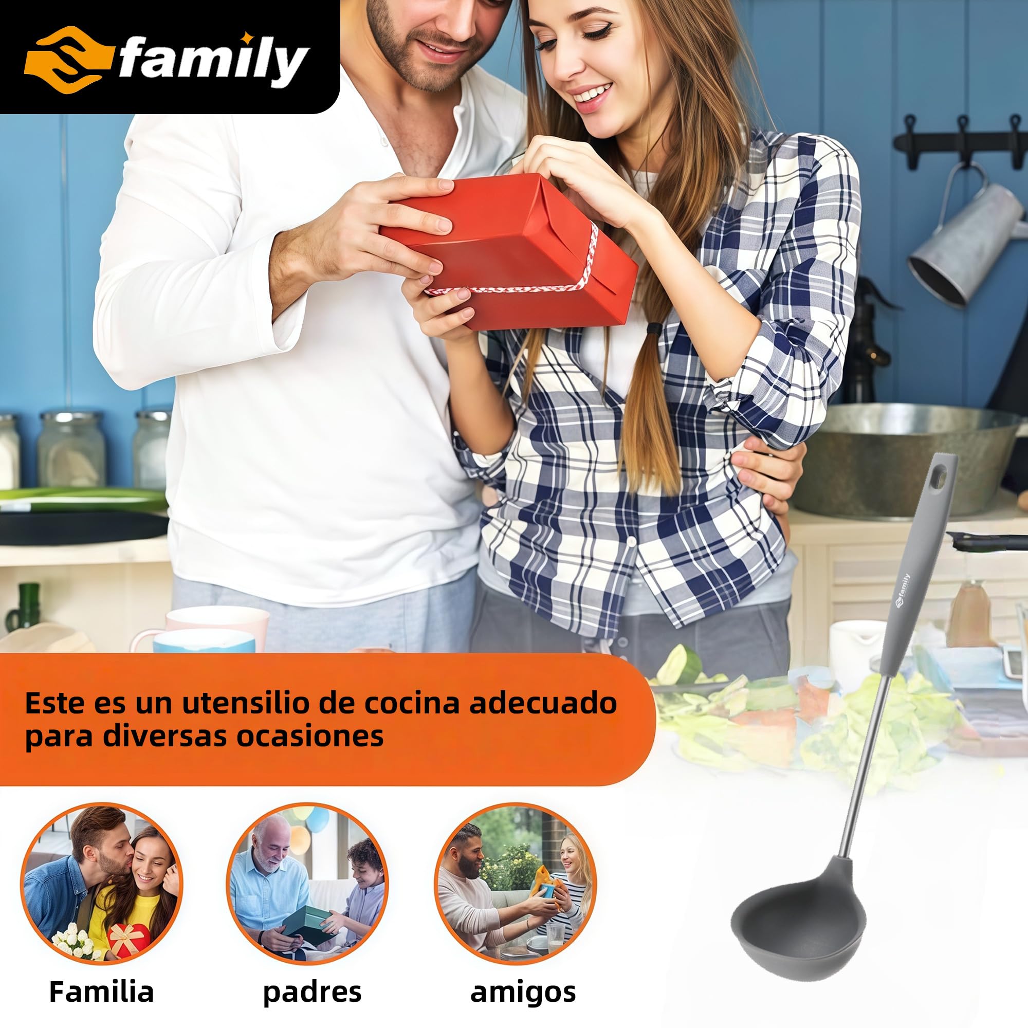 FAMILY Espumadera de Silicona para Cocina 37.5x11cm, Mango Ergonómico U de Acero Inoxidable, Resistente al Calor y Antiadherente, Perfecta para Freír, Escurrir y Servir Alimentos