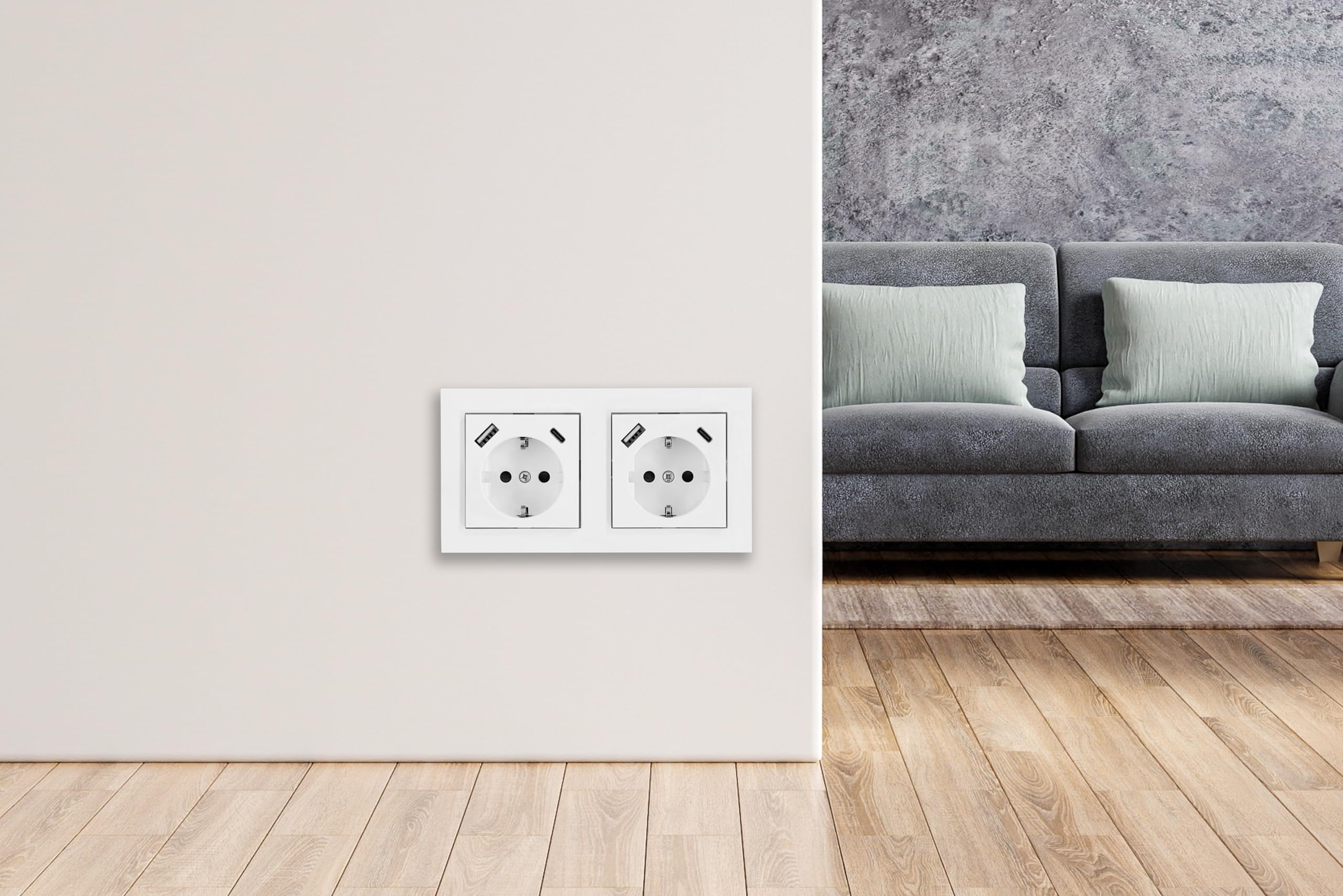 Schutzkontakt-Einbausteckdose 2-fach, jeweils mit USB-C (20W, Power Delivery 3.0) und USB-A Buchse (18W) - inkl. Doppelrahmen + 2x Zentralstück - signalweiß (RAL9003)