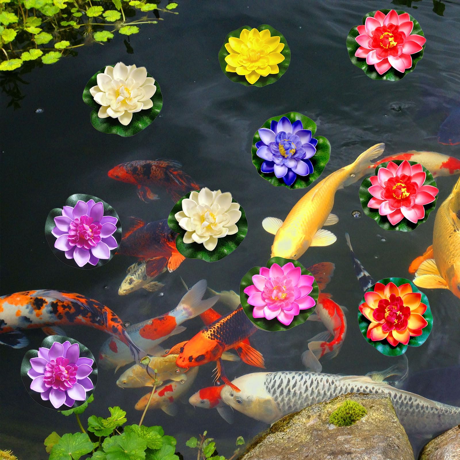 11 Pezzi Fiori di Loto Finti, 10 cm Fiori Galleggianti per Laghetti, Artificiale Ninfee per Giardini Domestici, Stagni, Fontane, Ruscelli, Acquari