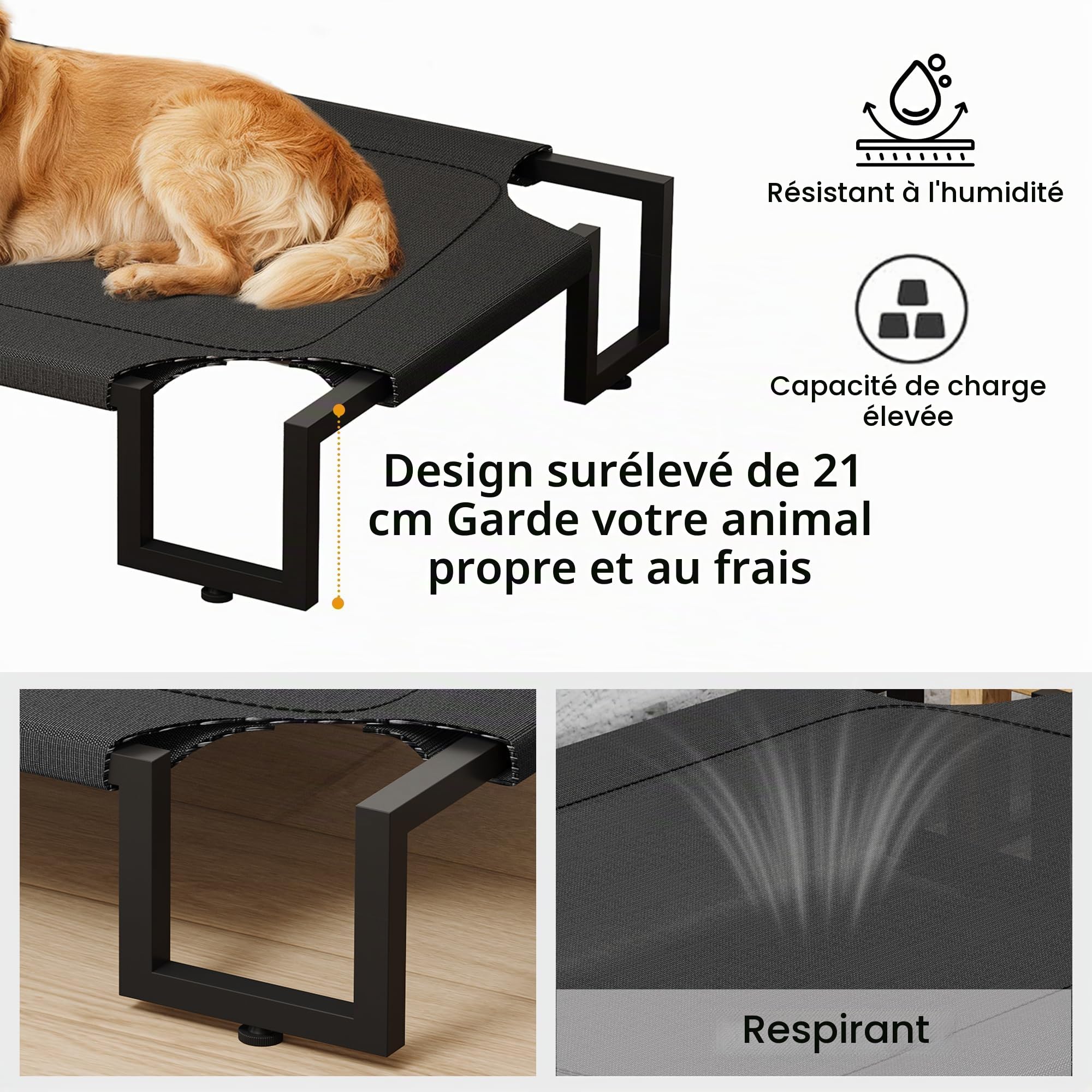 Lit pour Chien surélevé,Tapis Rafraichissant Chien,Lit Surelever de Camp pour Animaux de Compagnie Intérieur Extérieur,Panier Sureveler Chien Lavable Respirant,Cadre métallique Robuste,Noir