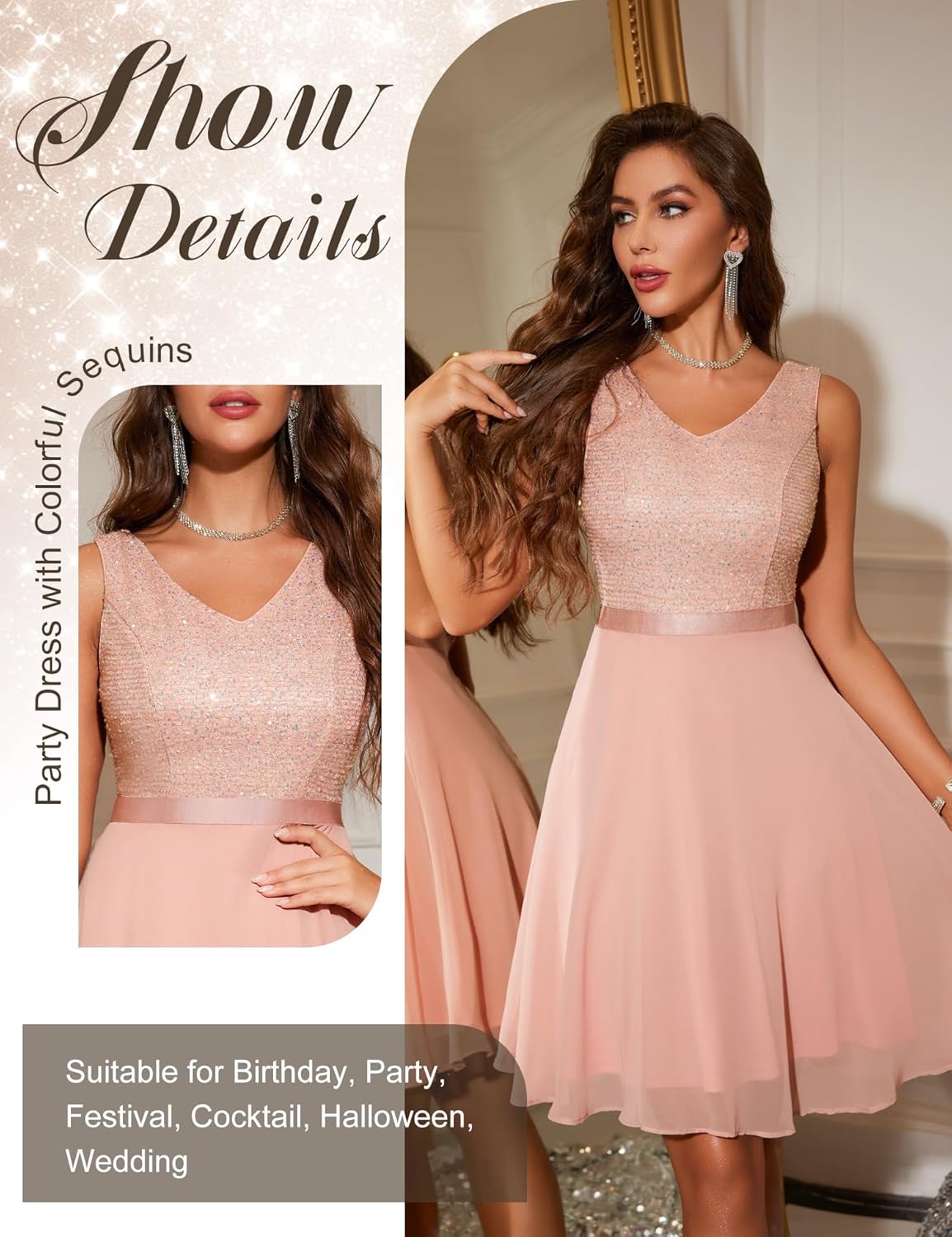 Dressystar 2026 Women's V Neck Short Sequin Prom Dress Glitter A-line Swing Cocktail Party Dresses Knee Length - Image 4