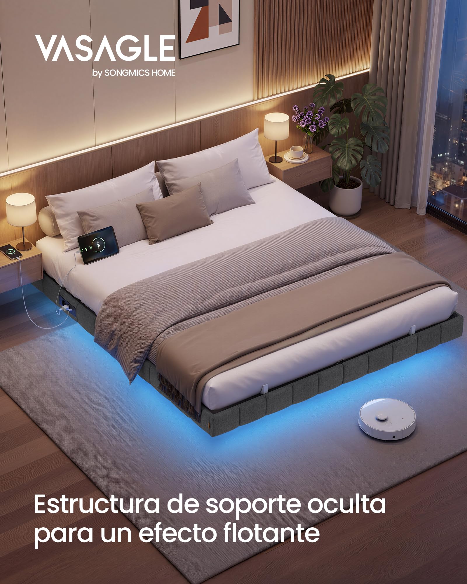 VASAGLE Marco de Cama Flotante, 160 x 200 cm, Bordes Acolchados, LED, 2 Tomas de Corriente, 1 Puerto USB-A, 1 Puerto USB-C, 1 Puerto USB-A Posterior, Carga de 500 kg, Gris Pizarra RMB165G101 | Cama sin cabecero, puertos USB y enchufes, diseño de metal sól