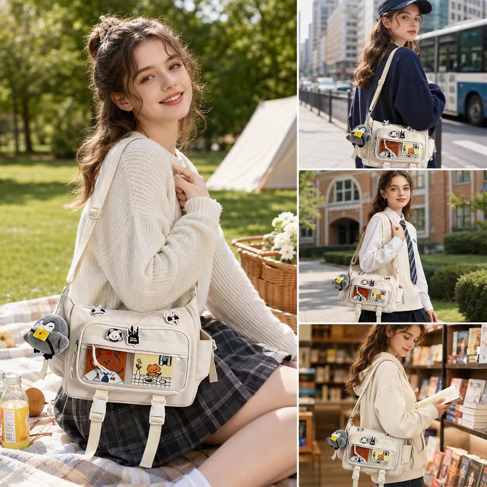 Borsa Ita, borsa a tracolla Y2K, borsa a tracolla da donna Ita in tela con spilla e ciondolo, borsa leggera, borsa a tracolla Kawaii