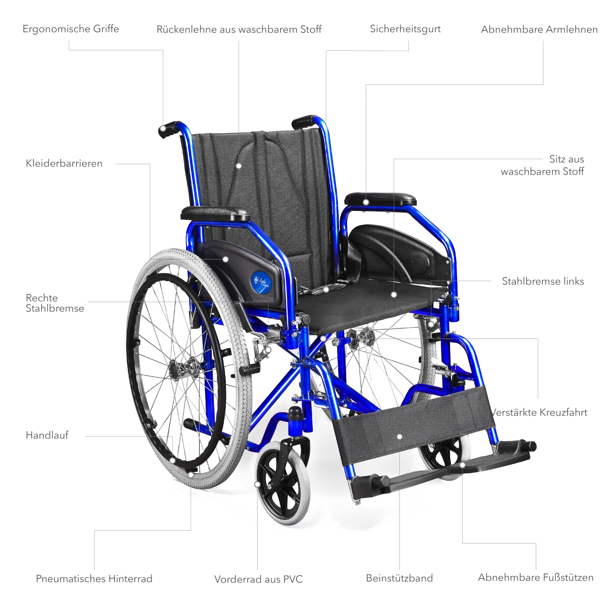 AIESI® Rollstuhl Faltbar leicht selbstfahrend für Behinderte und ältere Menschen AGILA EVOLUTION, Abnehmbare Armlehnen und Fußstützen, Sicherheitsgurt, Inflationspumpe, 24 Monate Garantie