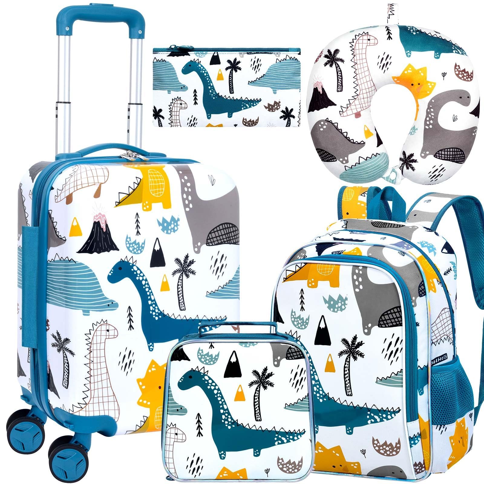5PCS Kids Luggage Boys Suitcase, 16" Hardside Carry-on Set Dinosaur