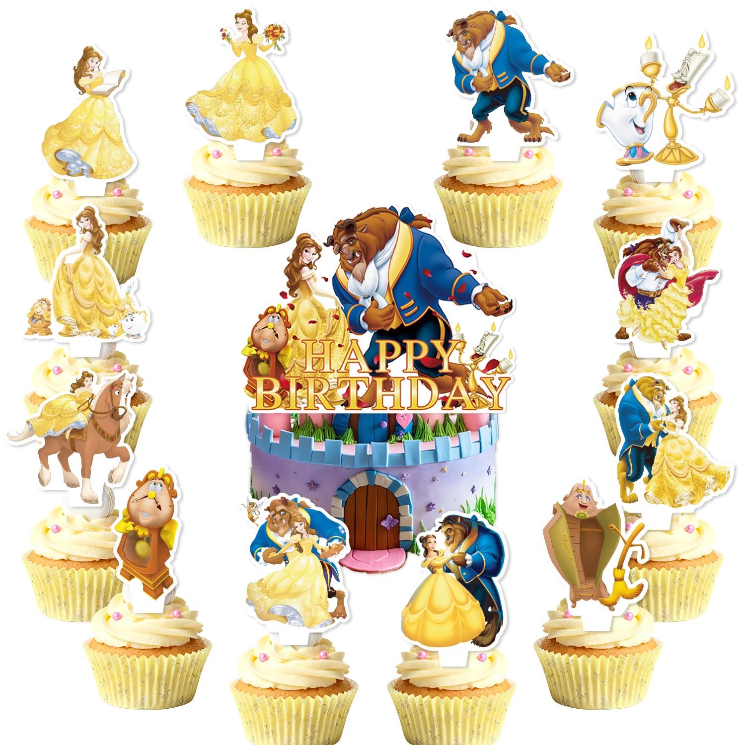 25Pcs Beauty and the Beast Birthday Party Supplies Pack Includes 1 Cake Topper 24 Cupcake Toppers for Beauty and the Beast Party Supplies