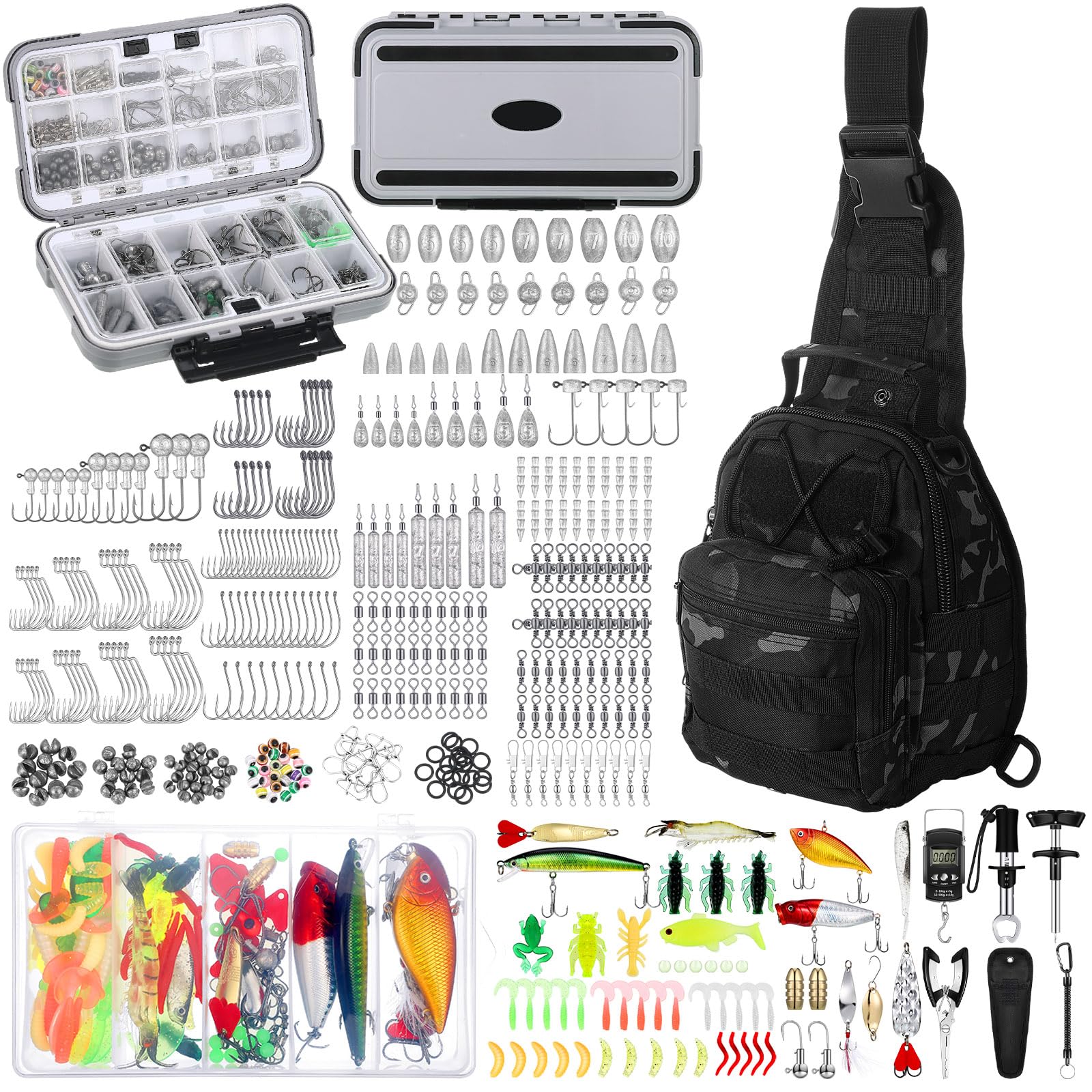 Seenelling 482 Pcs Fishing Tools Kit Fishing Accessories Kit Include Fish Hook Lures Hook Remover Lip Gripper Backpack for Men Women Gifts