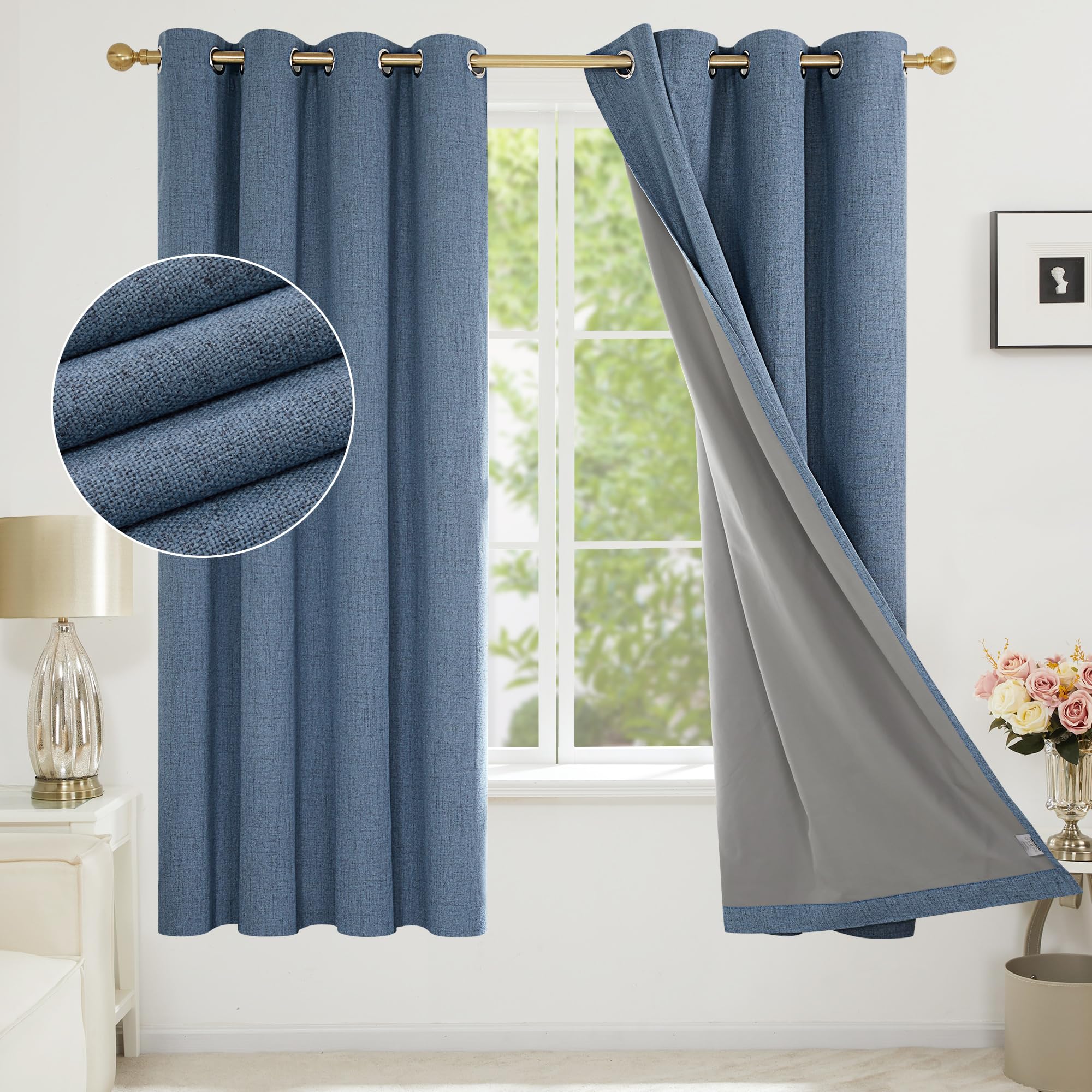 Deconovo Faux Linen Full Blackout Curtains Thermal Insulated Eyelet Curtains fot Living room with Coating, Blue, W66 x L72 One Pair โ image 1