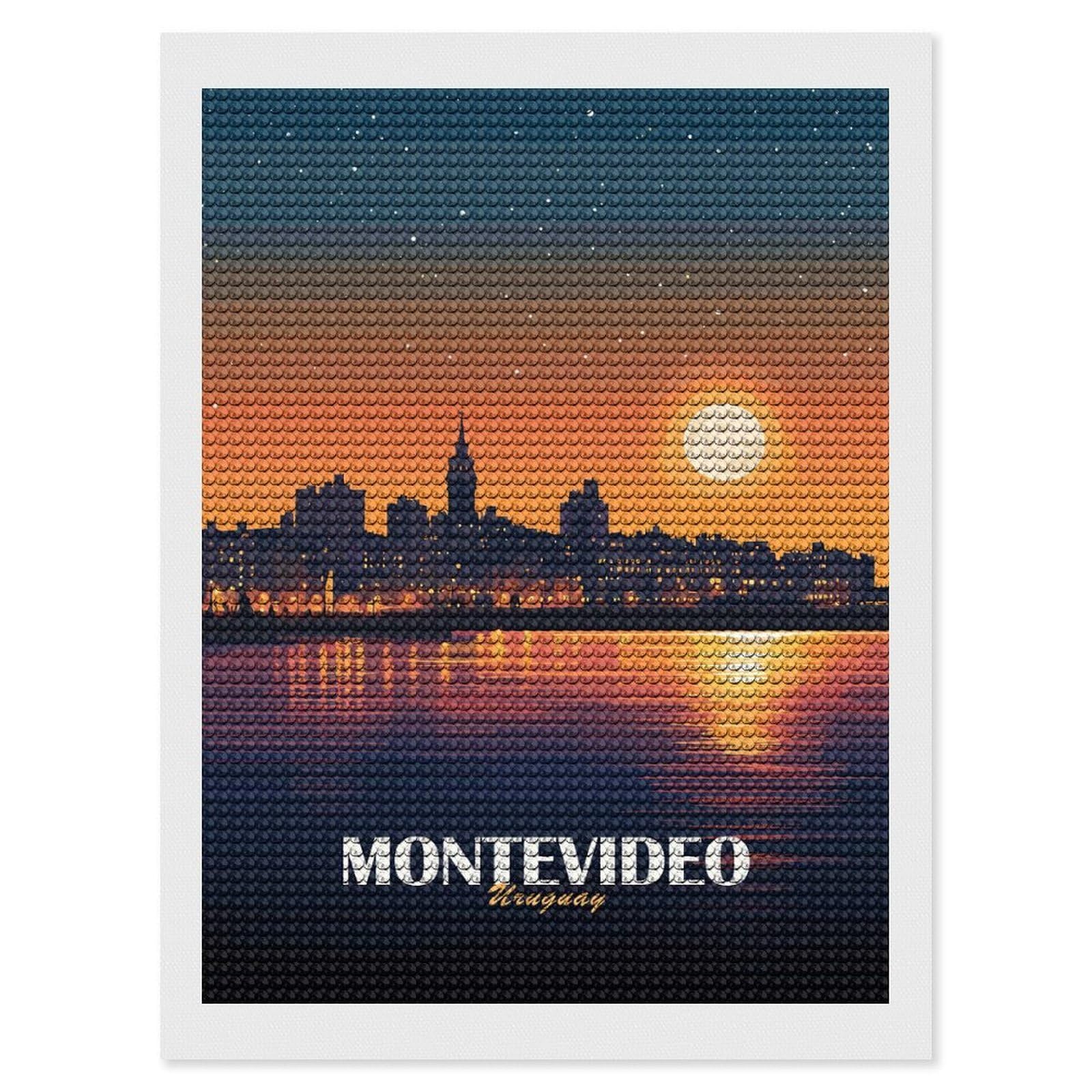 Junmoney Montevideo Uruguay Cityscape at Night Diamond Painting Set 12"x16", Neat Printed Canvas, with Tool Kit, Bedroom Decor, Gift Idea, Complete Accessories