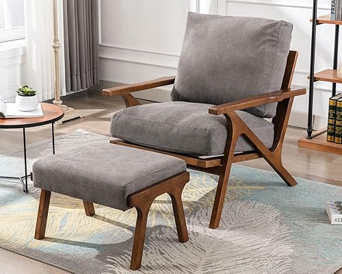 Silla decorativa moderna de mediados de siglo con otomana, juego de sillón tapizado de lino de granja y otomano, silla de descanso retro de 23