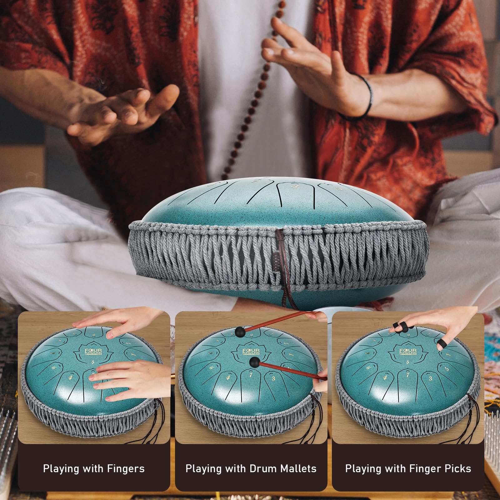 FOUR UNCLES Steel Tongue Drum 12 Inch 13 Notes Hand Pan Drums with Travel Bag Sticks Music Book Mallets, C Major Musical Instruments for Entertainment Meditation Yoga Zen Gifts (Malachite)