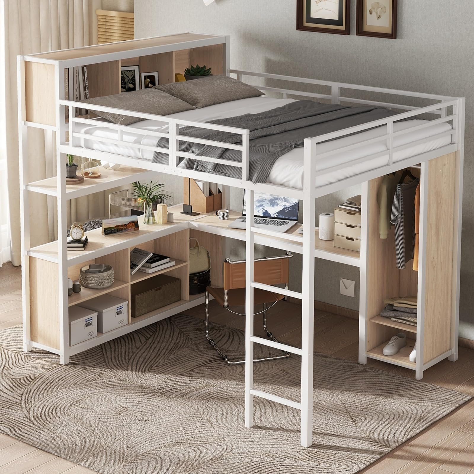 Sweiko Lit Mezzanine 140 x 200 cm avec Armoire, Cadre de Lit Métal avec Bureau et étagère, Matelas Non Compris (White, 140cm*200cm)