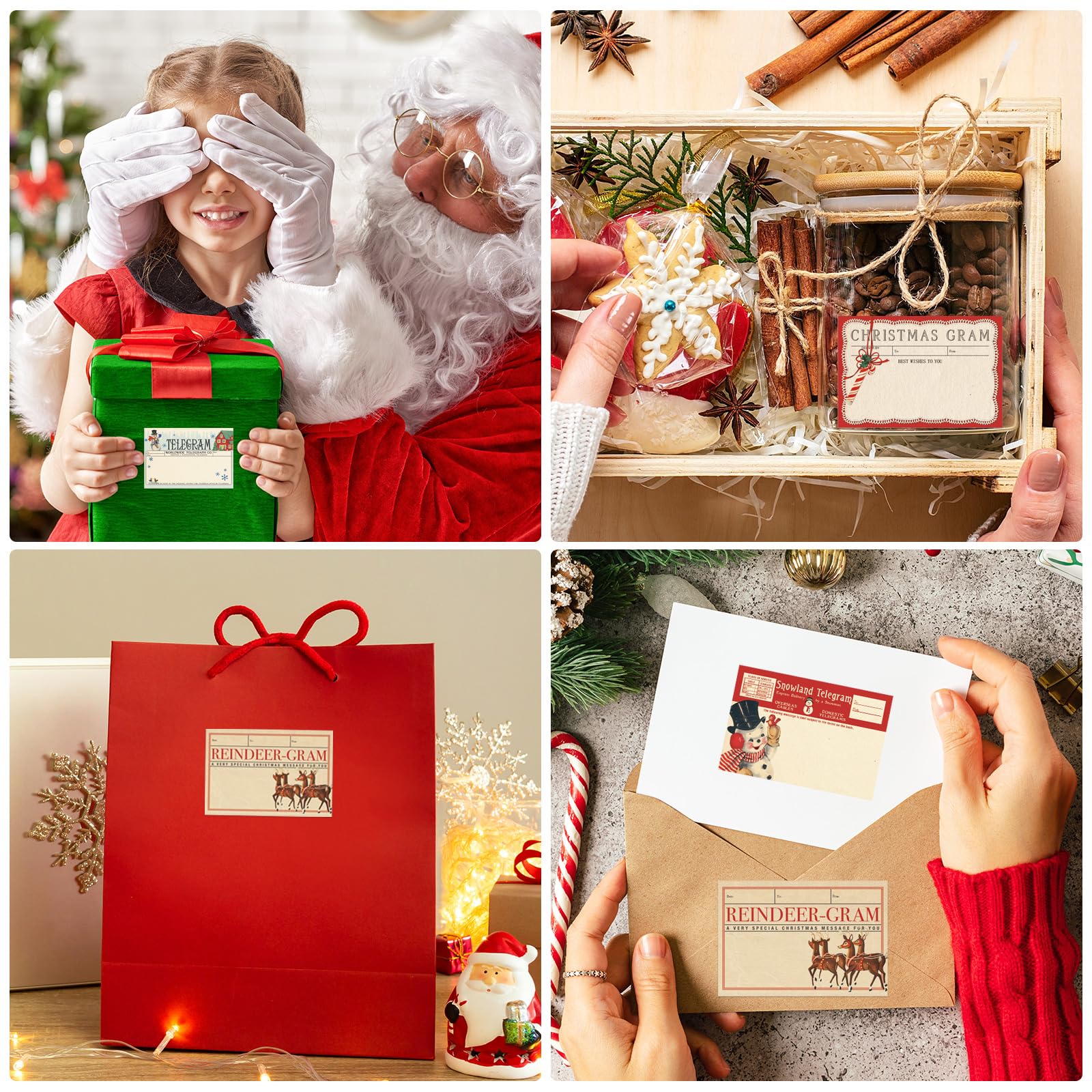 JarThenaAMCS 240 Stück Weihnachts-Vintage-Aufkleber, Retro, Weihnachtsmann, Schneemann, blanko, selbstklebend, Geschenk-Namensschild, Aufkleber für Weihnachten, Winter, Urlaub, Geschenk, 12 Designs