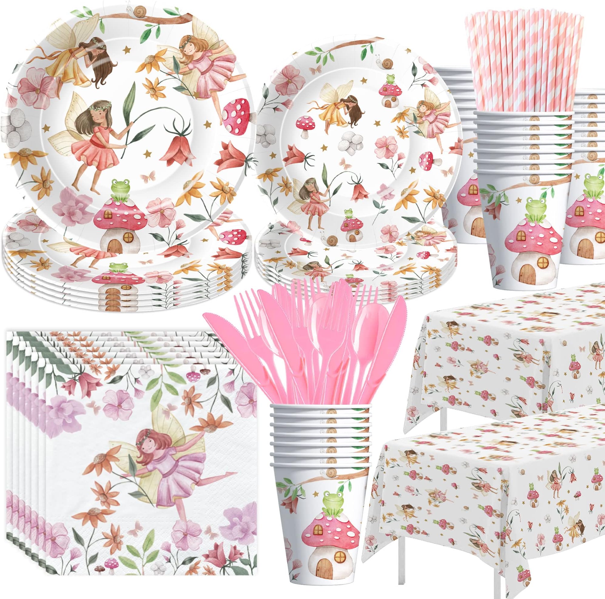 Fairy Party Decorations Tableware - Fairy Birthday Party Supplies, Plate, Cup, Napkin, Tablecloth, Cutlery, Flower Fairies Enchanted Forest Garden Birthday & Baby Shower Decorations | Serve 24