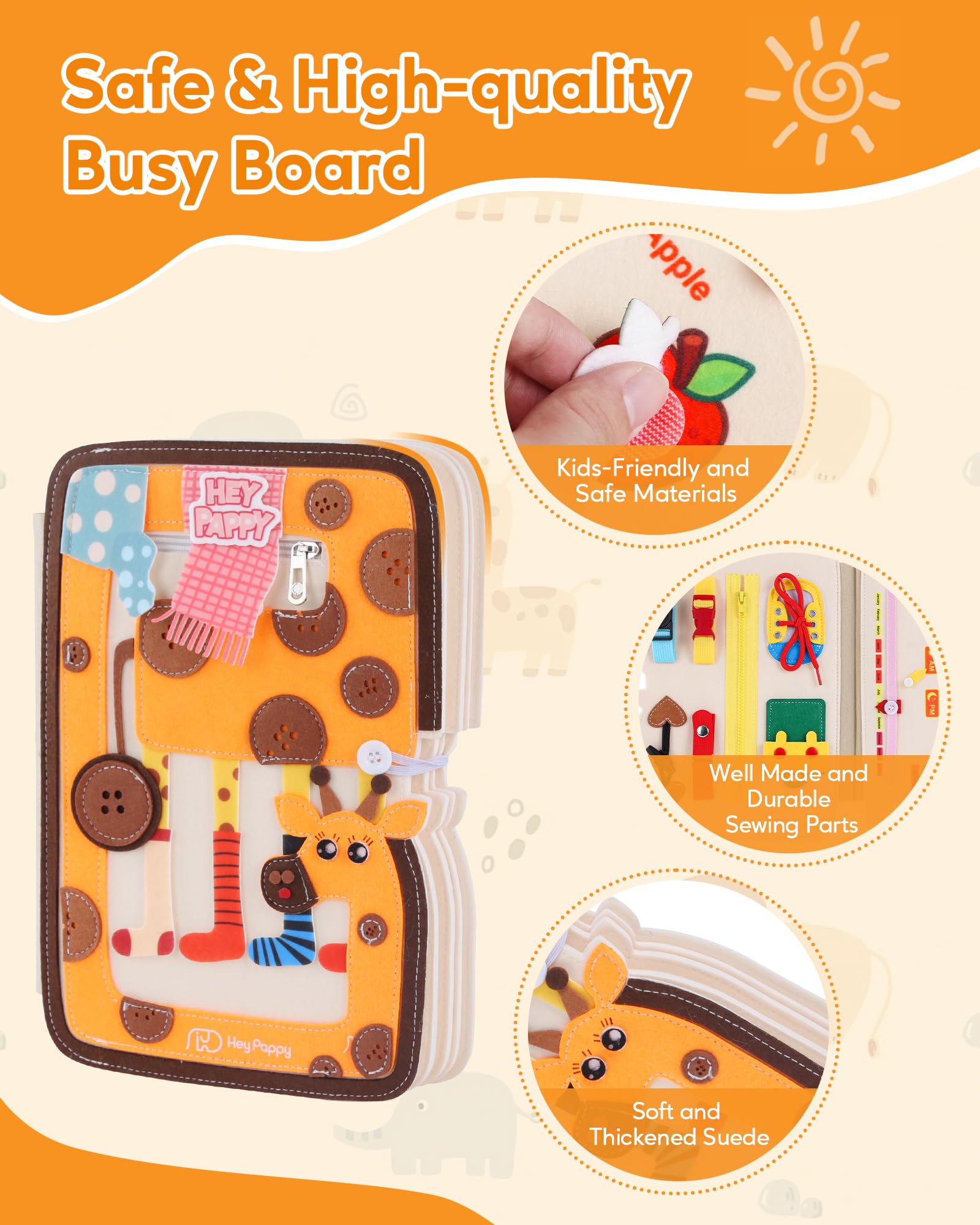 Heypappy Busy Board,12 in 1 Montessori Busy Board Feltro,Montessori Didattici Libro Sensoriale Educativo, Giocattolo per Abilità Motorie con Cintura Zaino Regalo Bambino Compleanno Natale