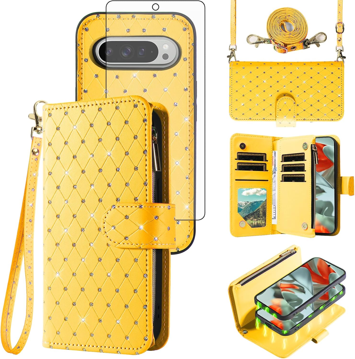 Compatible with Google Pixel 9 Pro XL Wallet Case Zipper Cell Tempered Glass Screen Protector Crossbody Strap Glitter Flip Card Holder Phone Cover for Pixel9 9Pro 9ProXL Nine Women Yellow