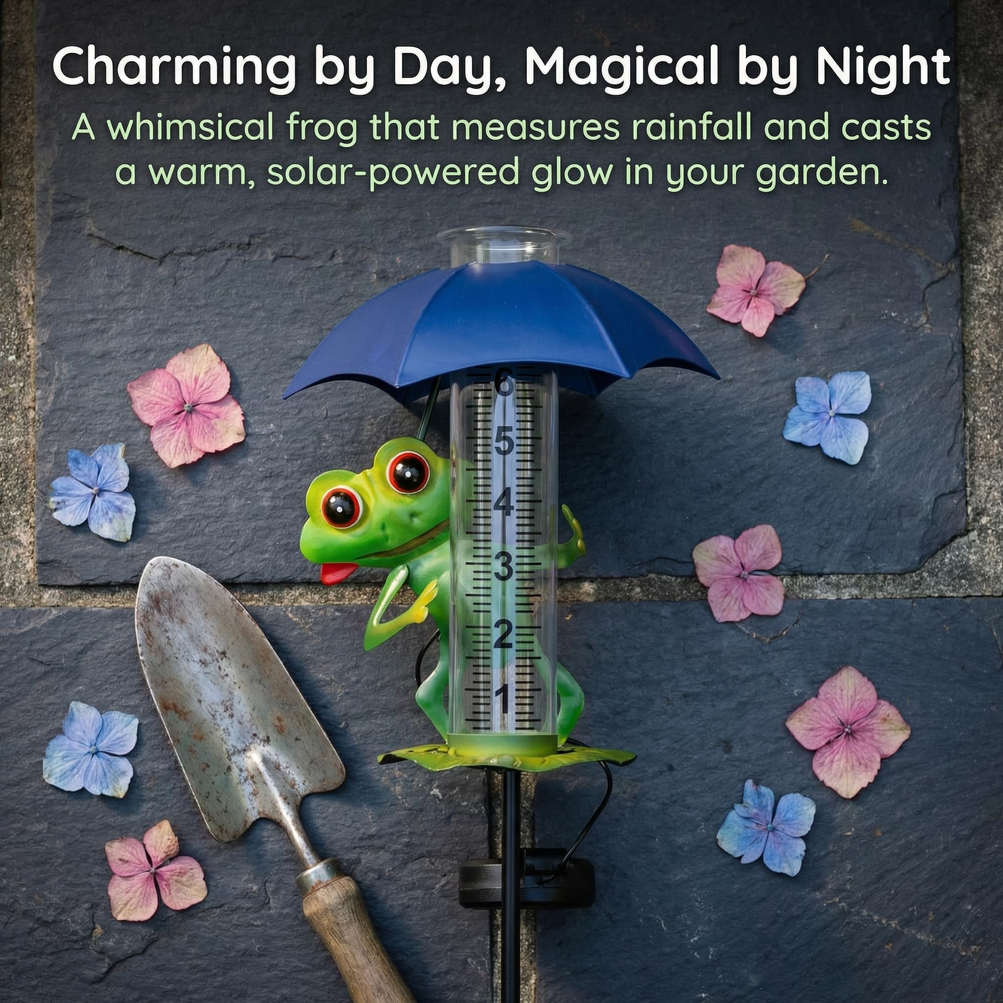Pluviomètre solaire d'extérieur en forme de grenouille de 17,8 cm avec lumières LED pour cour, patio, décoration de jardin, jauge météo décorative pour jardin, cour, pelouse, terrasse
