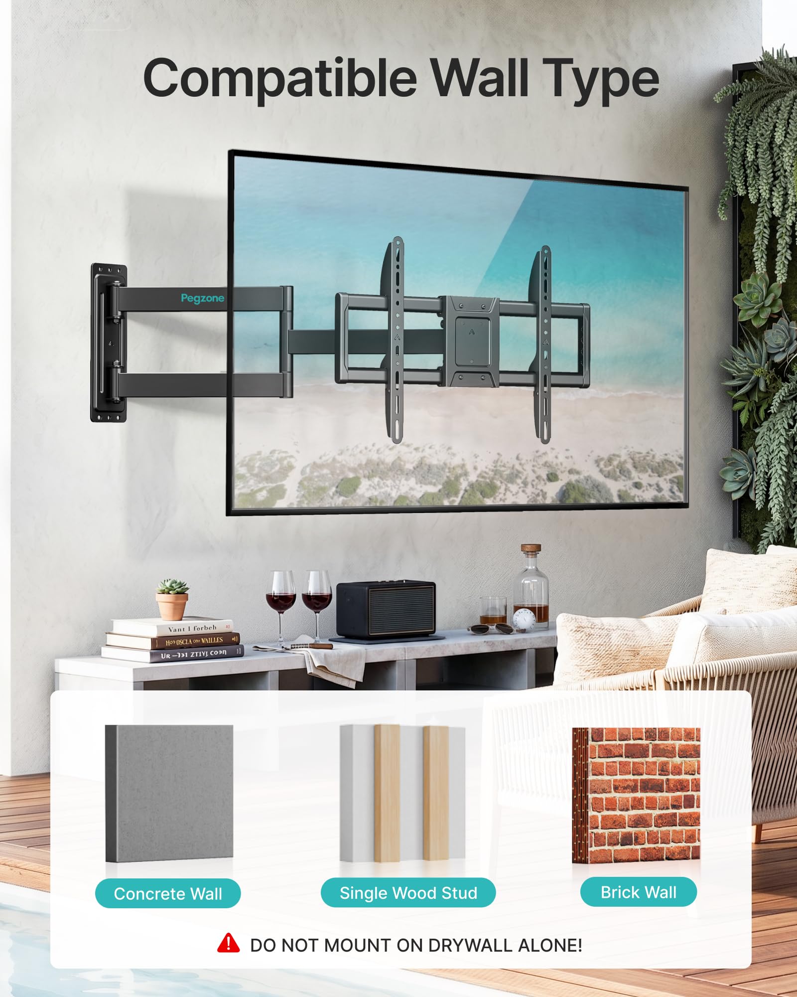 PEGZONE Soporte TV Pared Brazo Largo 86-812 mm 37-86", hasta 50 kg | Soporte para TV orientable e inclinable, VESA máx. 600x400, gestión de cables, compatible con TV LED, LCD y OLED