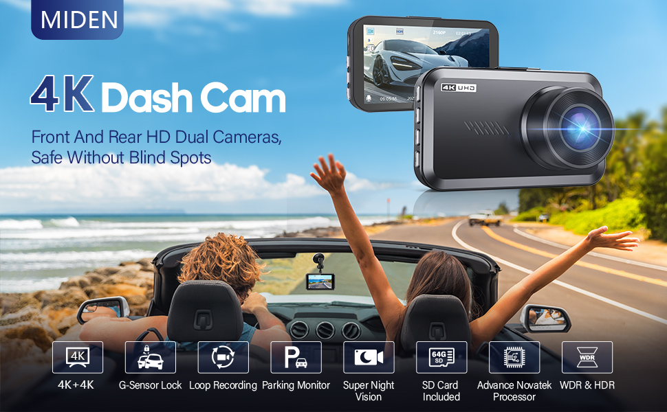 ✳︎4kidsmam✳︎ Amazon.com: Miden 4K+4K Dash Cam Front and Rear,Free 64G SD Card