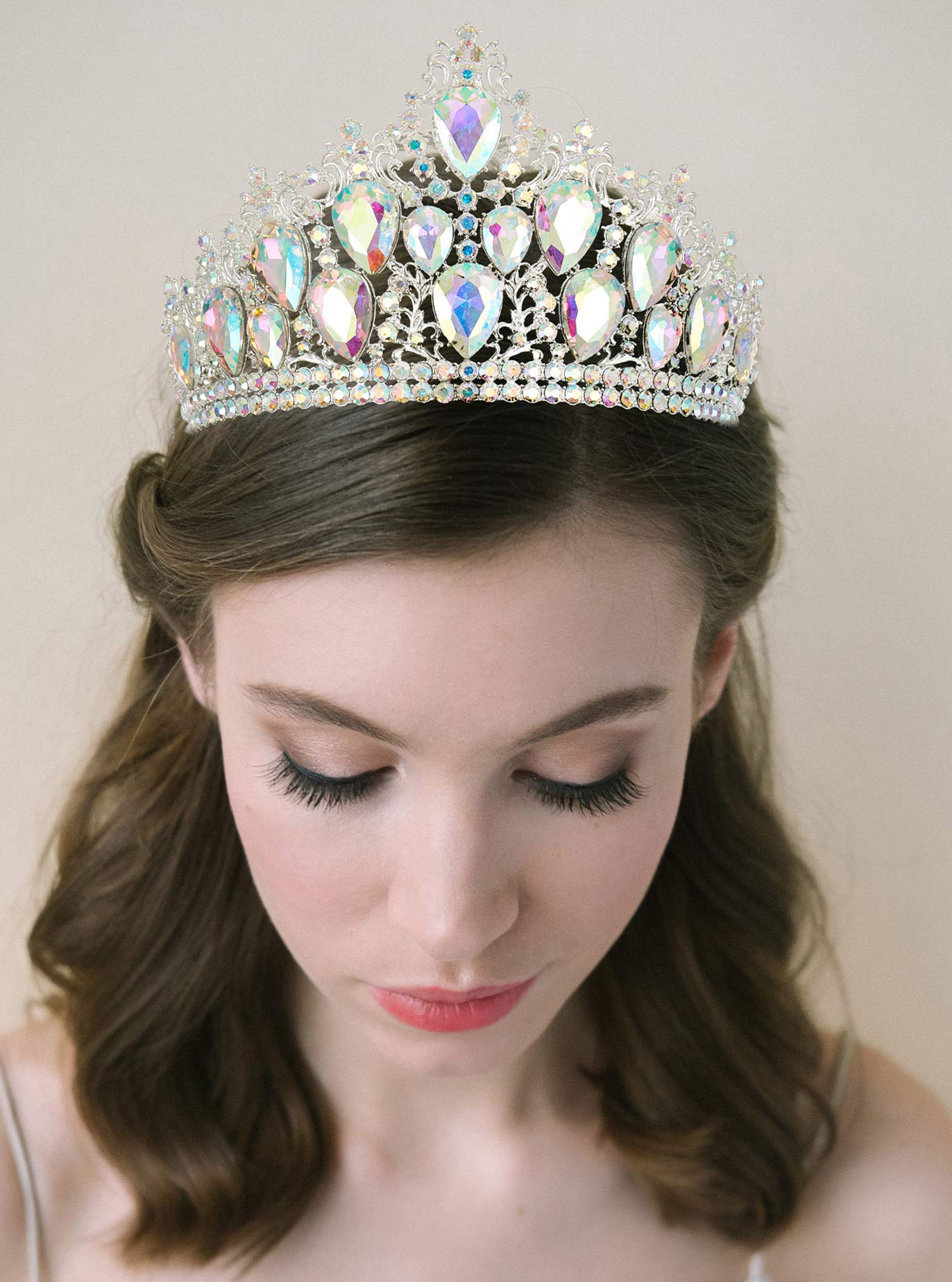 Aurora Crystal Tiara and Necklace Set - Iridescent Aurora Borealis Gold Contoured Rhinestone Crown Tiara  main image 2