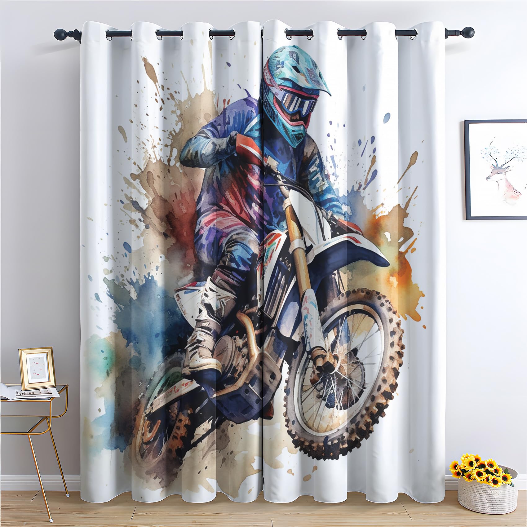 Vorhänge Dirt Bike - Jungen Motocross-Fahrer Fenster Gardinen mit Ösen, Vorhang Blickdicht Verdunklungsvorhänge Thermovorhang für Wohnzimmer Schlafzimmer Deko 2er Set, H 160 x B 132 cm G&-234