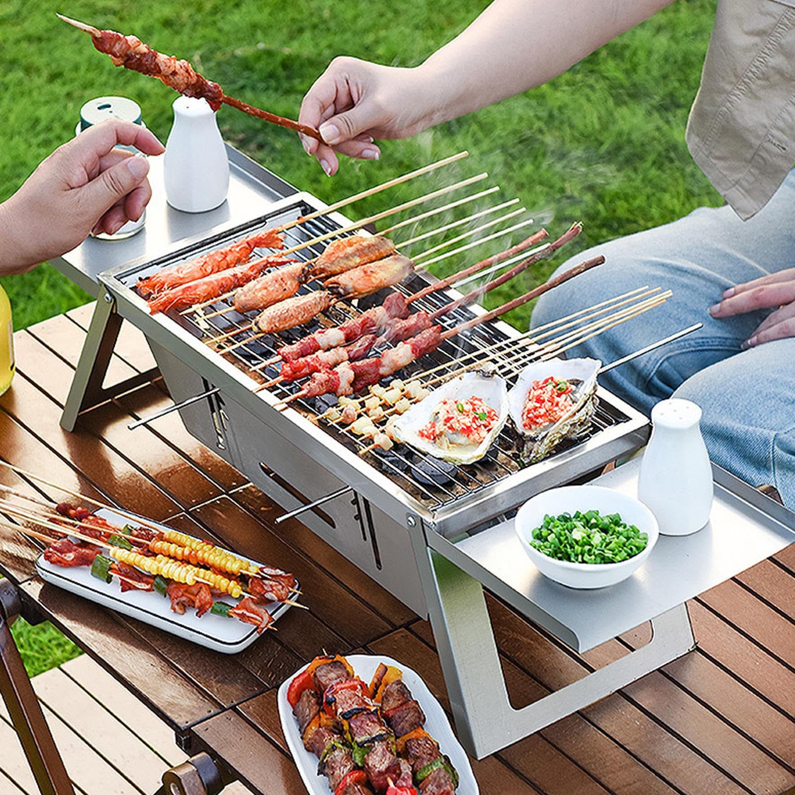 Parrilla plegable portátil de acero inoxidable para camping, playa, caravana, jardín, balcón, mesa, fiestas, fácil de llevar, ideal para cocinar al aire libre
