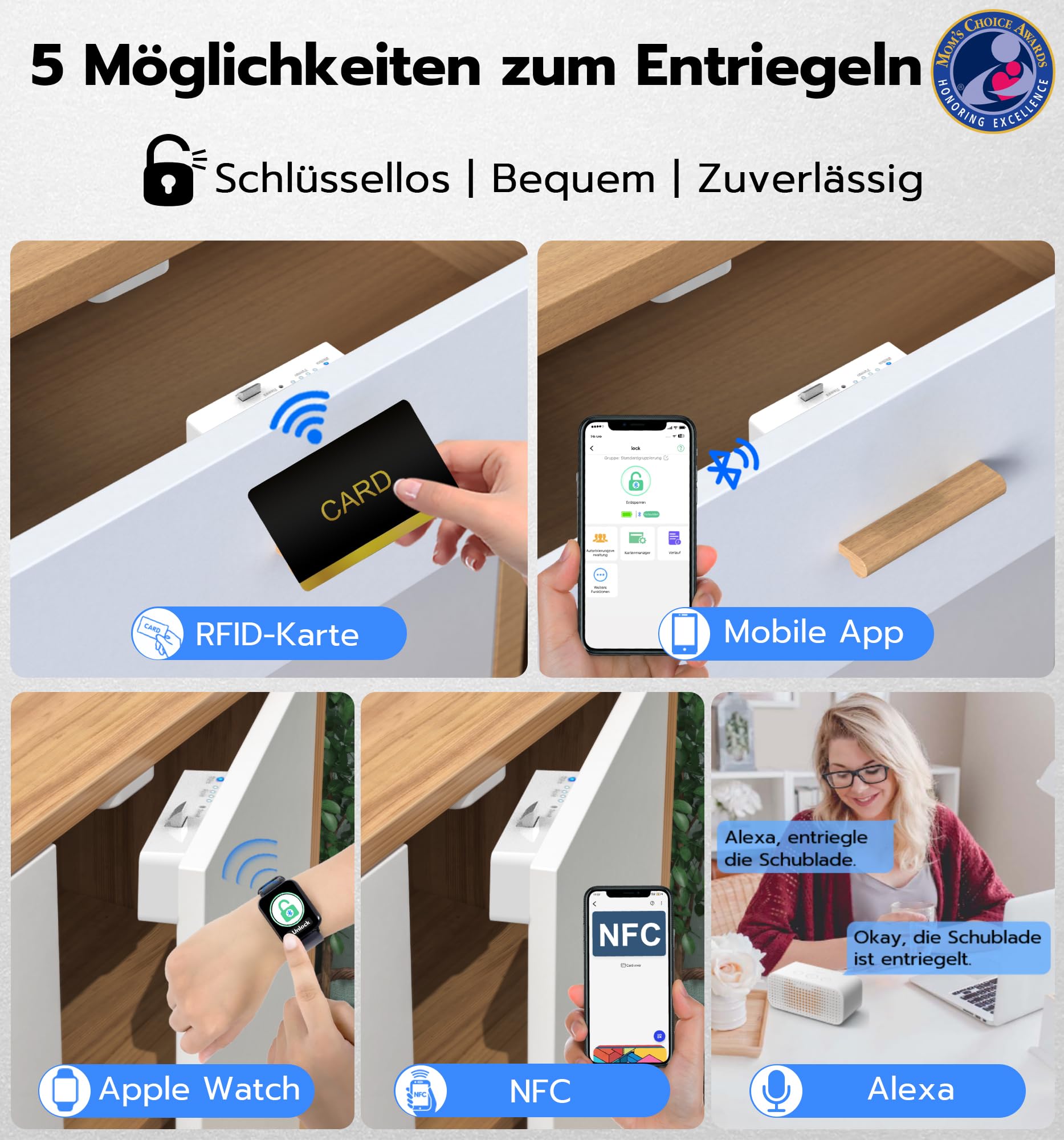 Unsichtbares Schrankschloss mit App & RFID – Bohrerfreie Kindersicherung – 5-in-1 Smart Lock für Schubladen & Schränke (NFC, Bluetooth, Fernzugriff) – Klebemontage, Weiß