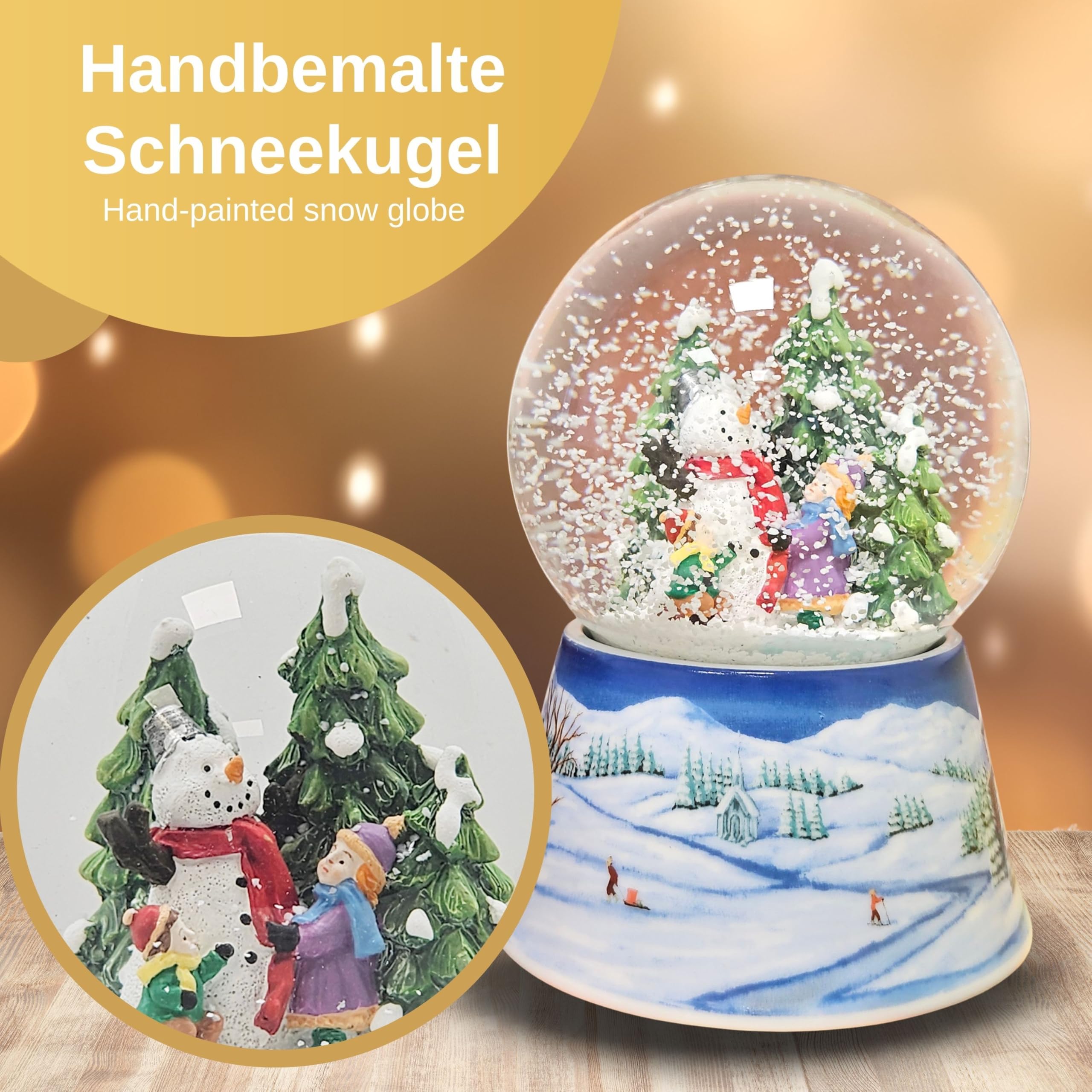 Schneekugel Weihnachten mit Musik | 2 Kinder Bauen Schneemann | Sockel nostalgische Schneelandschaft | H: 14cm B: 10 cm | Weihnachten Winter mit Spieluhr | 20154
