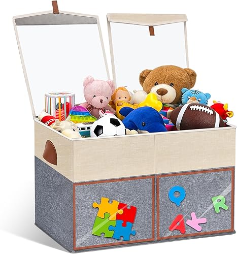 Miniatura 7 de Paquete de 2 cajas grandes de almacenamiento de juguetes con tapas transparentes plegables para juguetes, cesta organizadora de pecho con divisores
