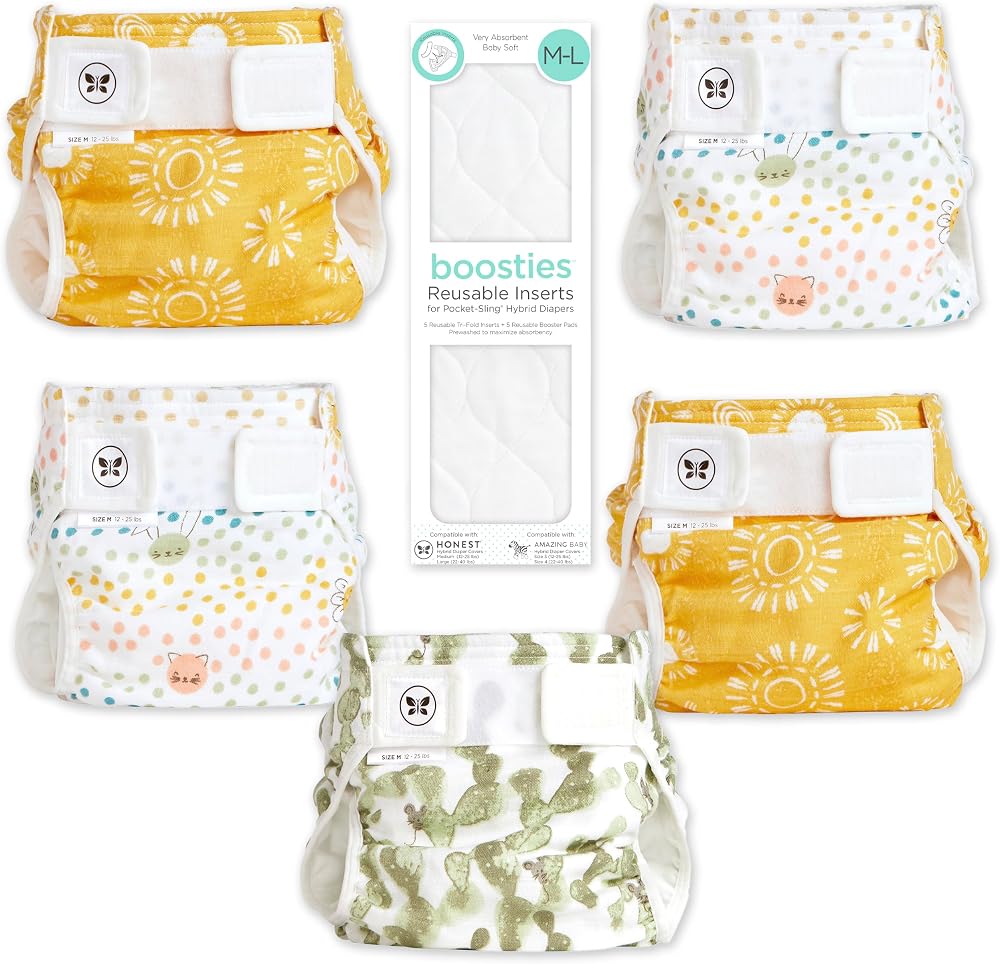 Honest 5 Pack Cloth Diaper Covers with 10 Boosties Inserts, Medium 12-25 lb — 사진 1