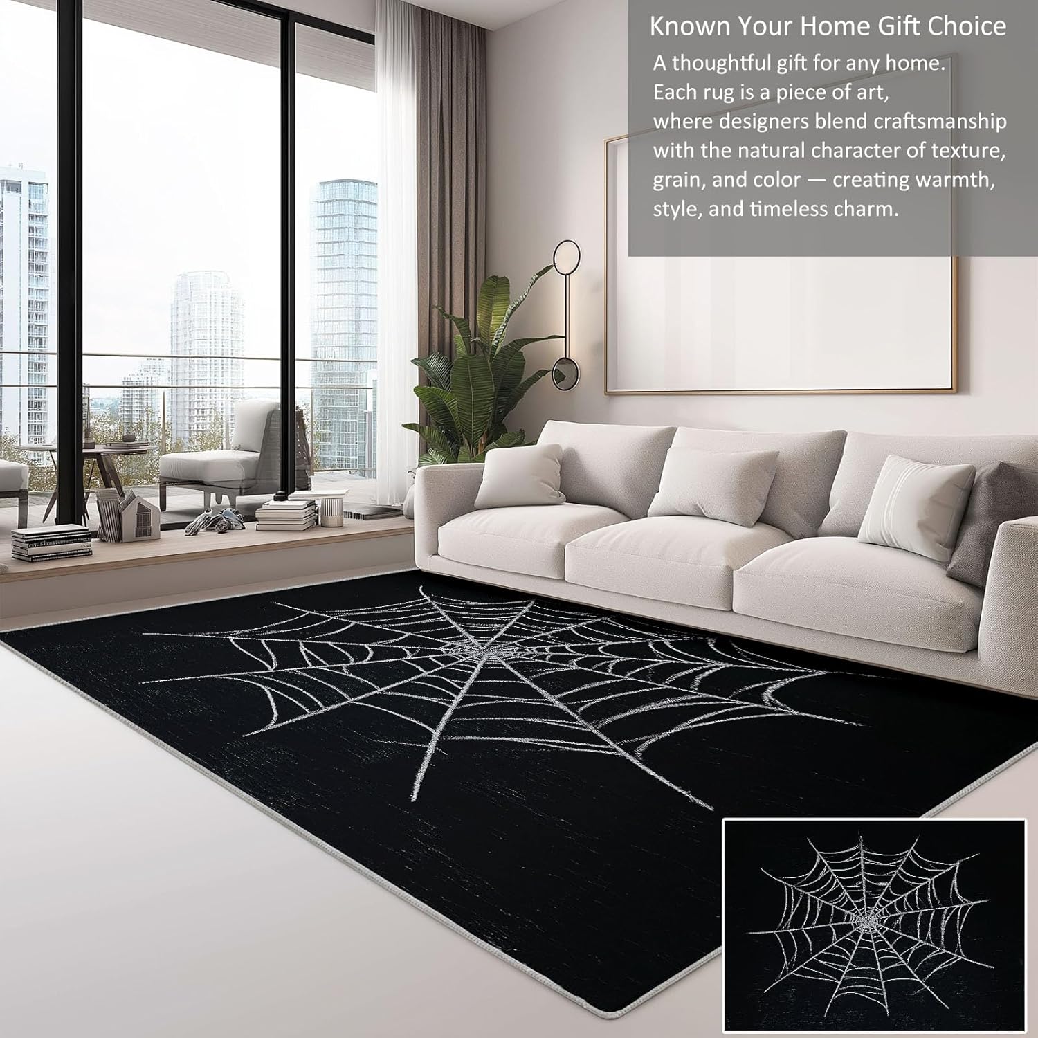 Vector Style Spider Web Area Rug 4 x 6 ft, Washable Non Slip Bedroom Carpet - Stain Resistant Black Indoor Area Rugs for Living Room Game Room Kitchen Entryway Home Decor